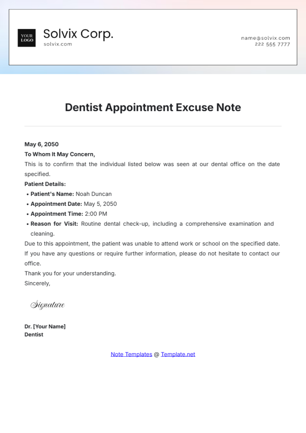 Free Dentist Appointment Excuse Note Template To Edit Online with Free Printable Dentist Excuse Note