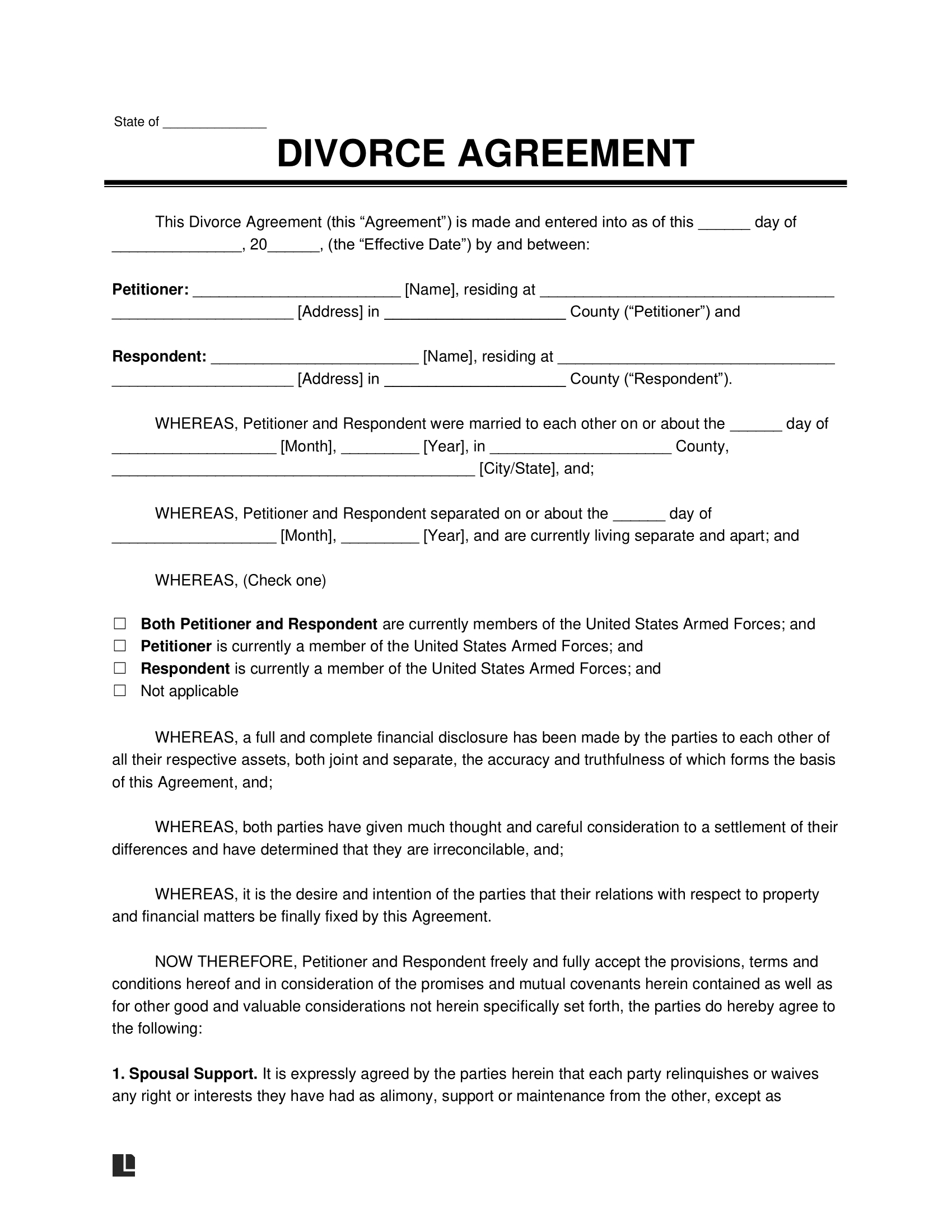 Free Divorce Agreement Template | Pdf & Word in Free Legal Forms Online Printable