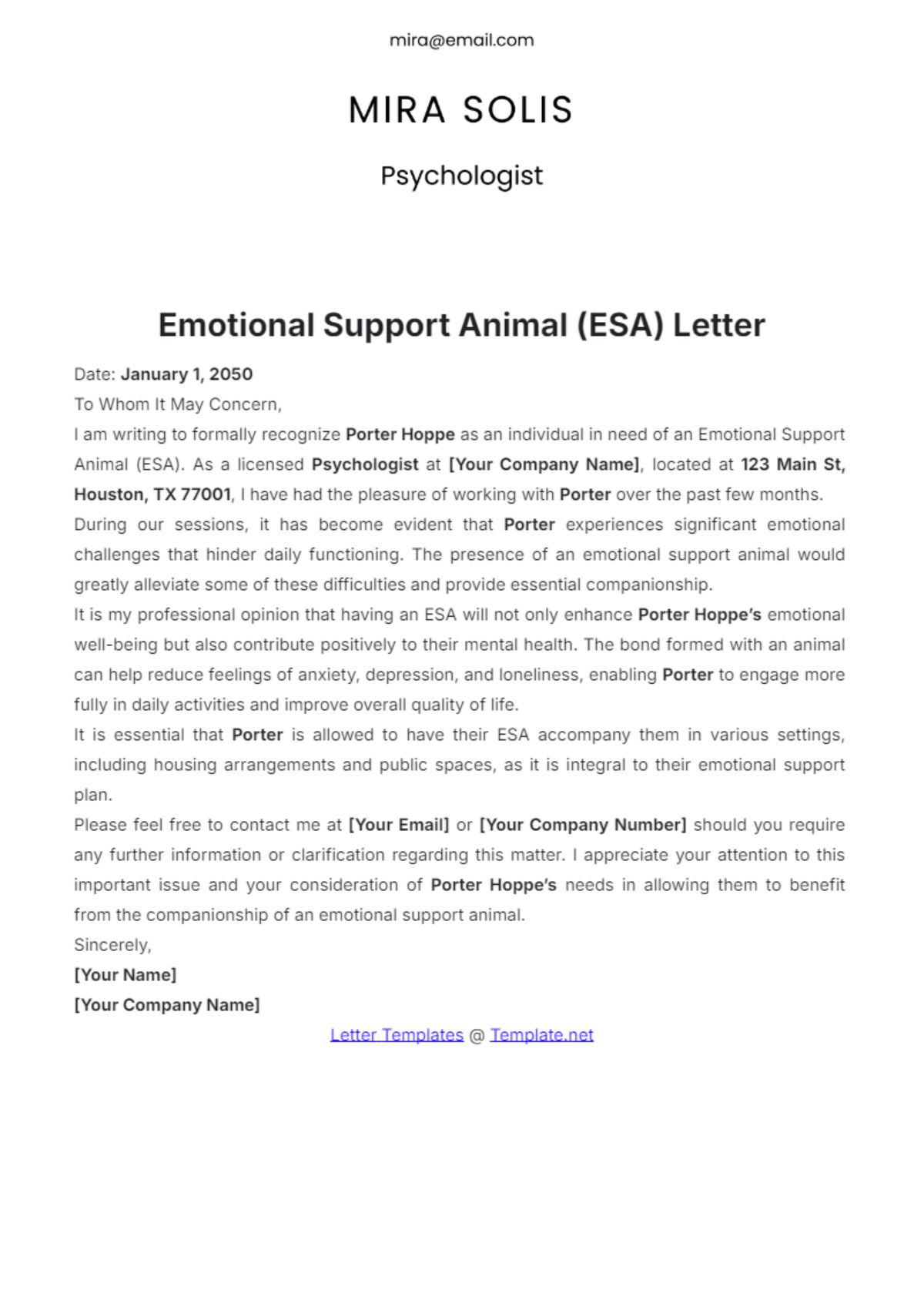 Free Emotional Support Animal (Esa) Letter Template To Edit Online throughout Fillable Blank Printable Free Emotional Support Animal Letter