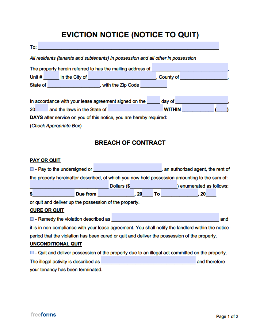 Free Eviction Notice Templates | Pdf | Word inside Free Printable Landlord Eviction Notice