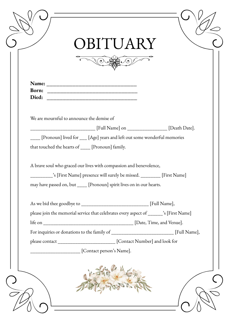 Free Fill In The Blank Obituary Template To Edit Online within Printable Free Editable Obituary Template