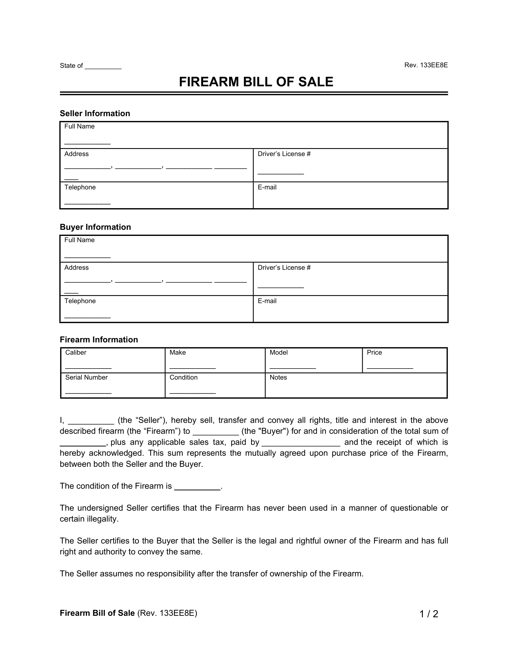 Free Firearm (Gun) Bill Of Sale Form | Legal Templates with Firearm Bill Of Sale Free Printable