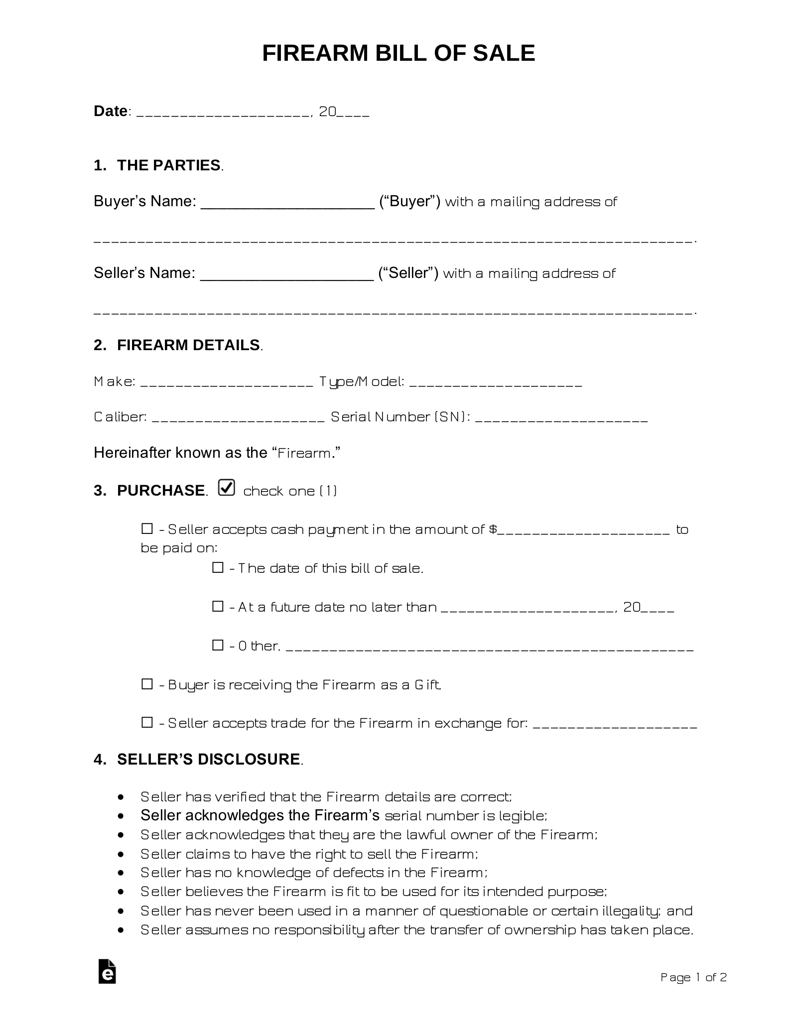 Free Firearm (Gun) Bill Of Sale Form - Pdf | Word – Eforms pertaining to Firearm Bill Of Sale Free Printable