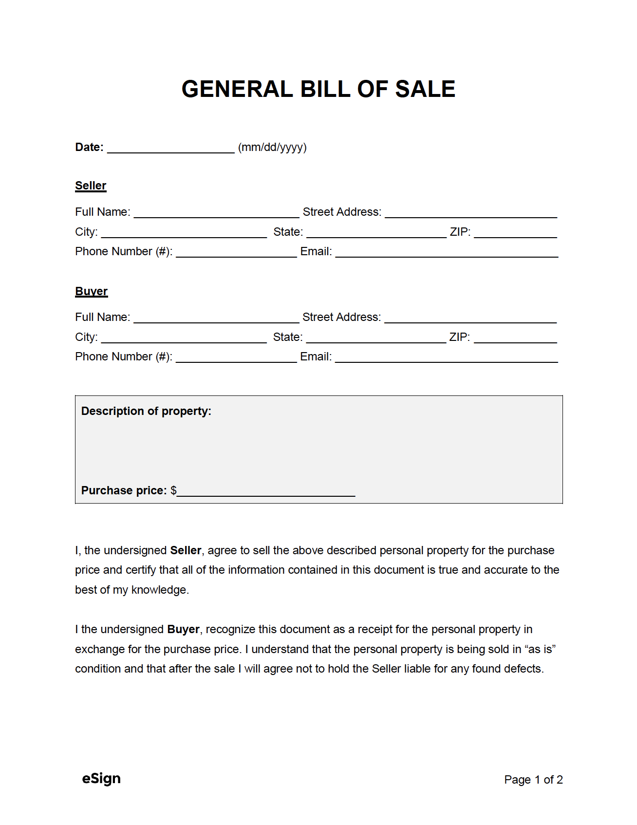 Free General Bill Of Sale Form | Pdf | Word pertaining to Generic Bill of Sale Printable