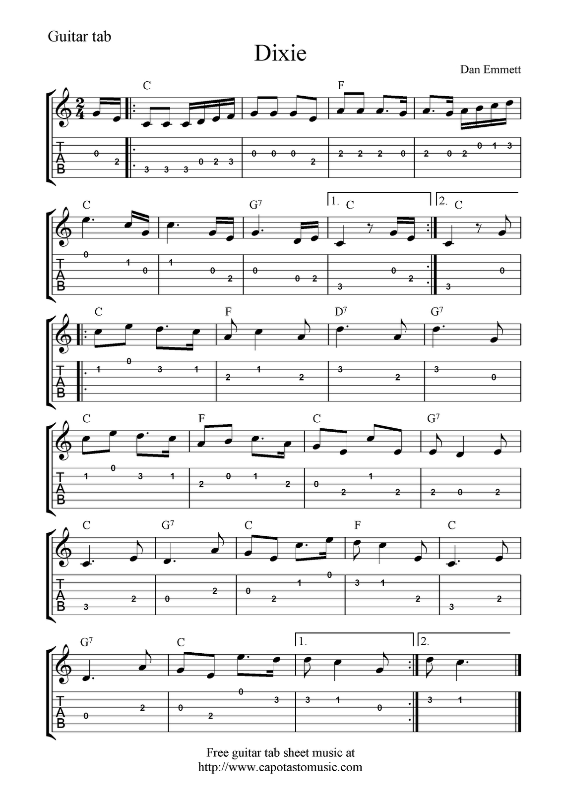 Free Guitar Tab Sheet Music, Dixie - Worksheets Library pertaining to Free Printable Sheet Music Guitar