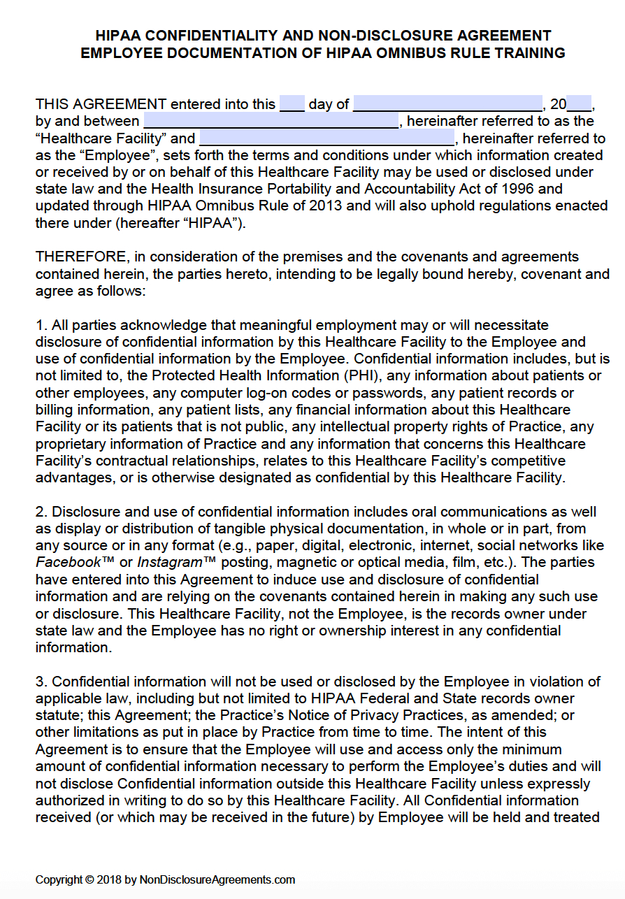 Free Hipaa (Employee) Non-Disclosure Agreement (Nda) Template with regard to Printable Hipaa Compliance Form For Employees
