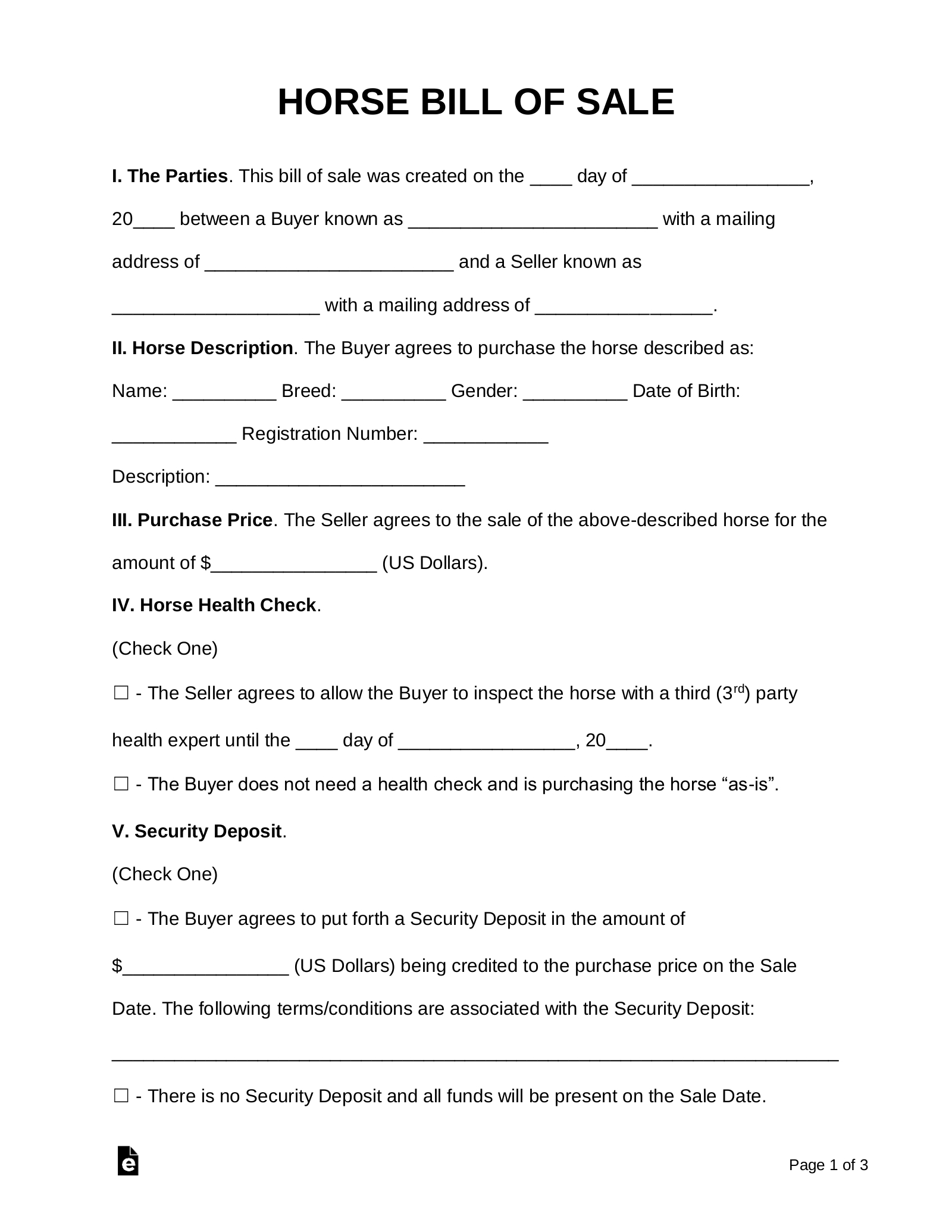 Free Horse Bill Of Sale Form - Pdf | Word – Eforms in Free Printable Printable Horse Bill of Sale