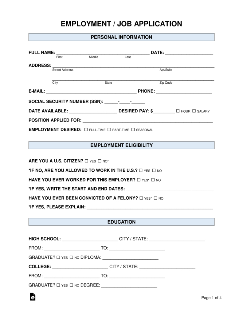 Free Job Application Forms (2) - Pdf | Word – Eforms with regard to Free Printable Employment Application Template