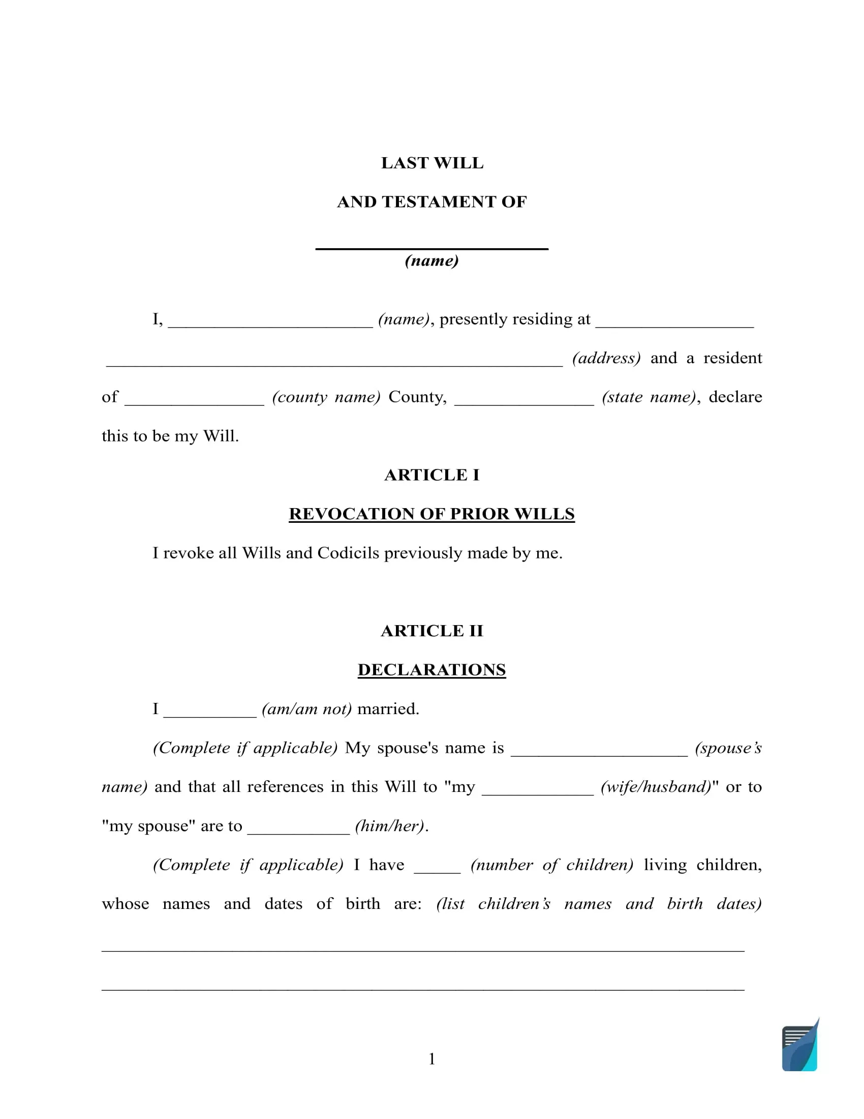 Free Last Will And Testament Template ⇒ Will Forms In Pdf And Doc with regard to Free Printable Last Will And Testament Template