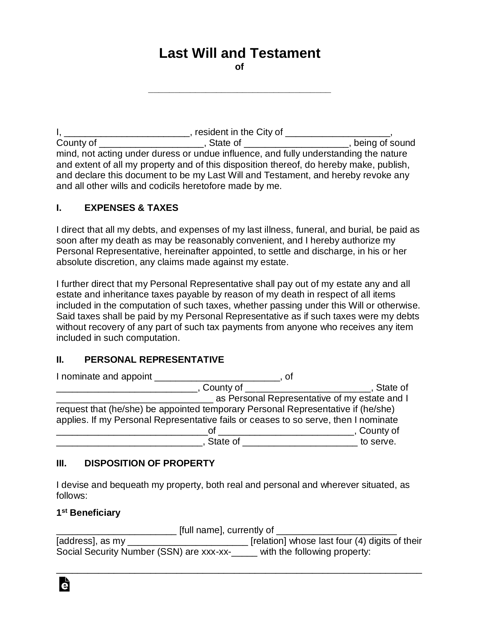 Free Last Will And Testament (Will) - Pdf | Word – Eforms throughout Downloadable Free Printable Will Forms