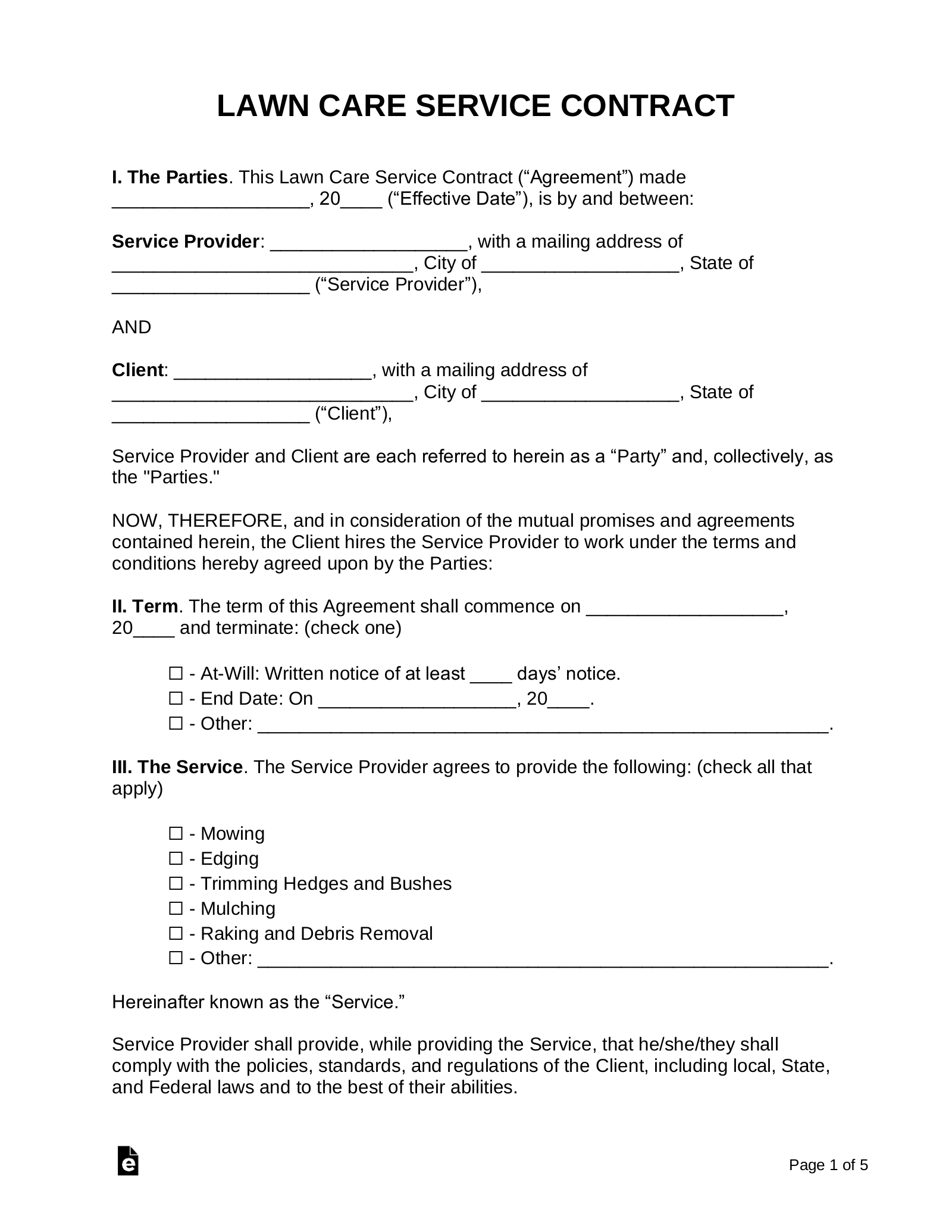 Free Lawn Care Service Contract | Samples (3) - Pdf | Word – Eforms pertaining to Printable Lawn Care Contract Template