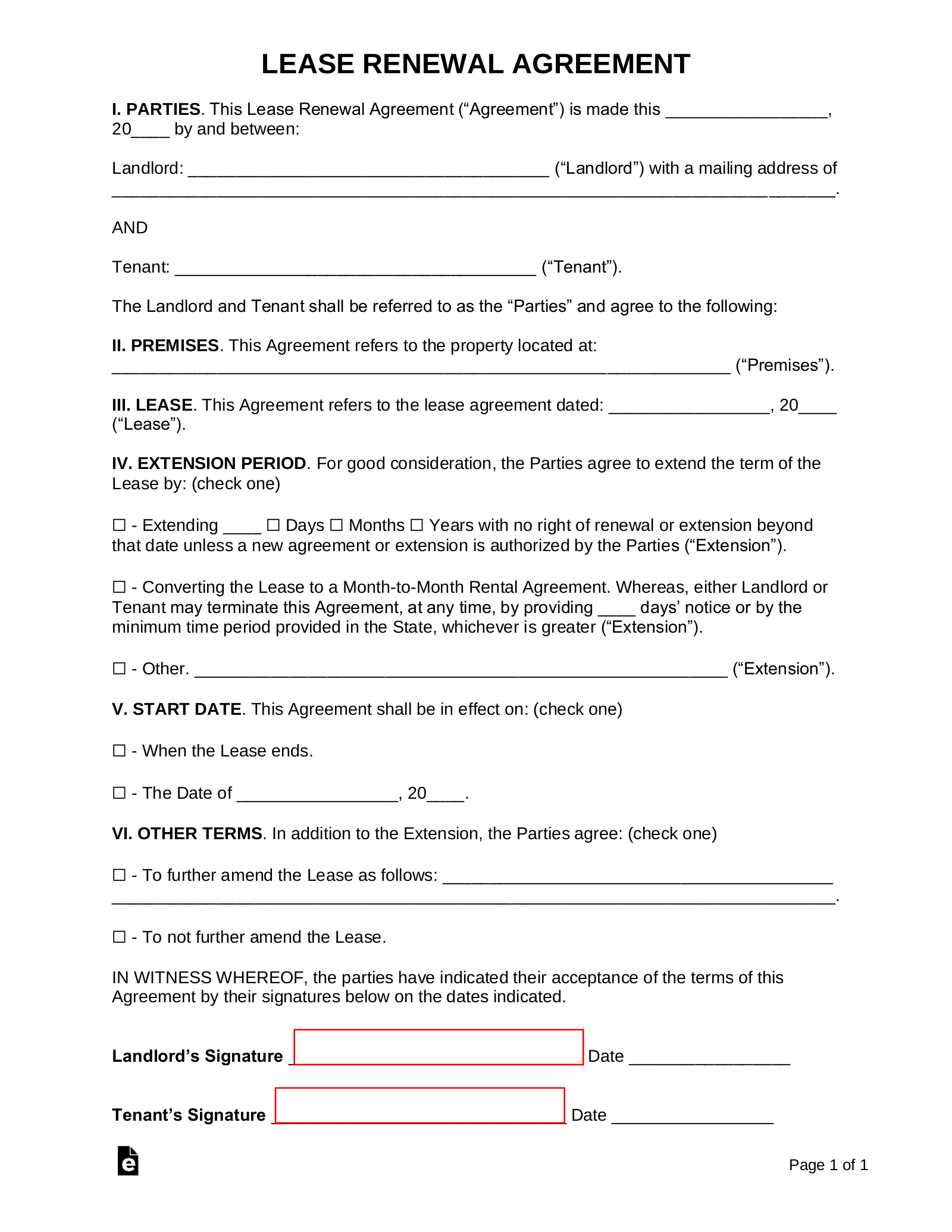 Free Lease Renewal (Extension) Agreement - Pdf | Word – Eforms within Free Printable Lease Renewal Agreement