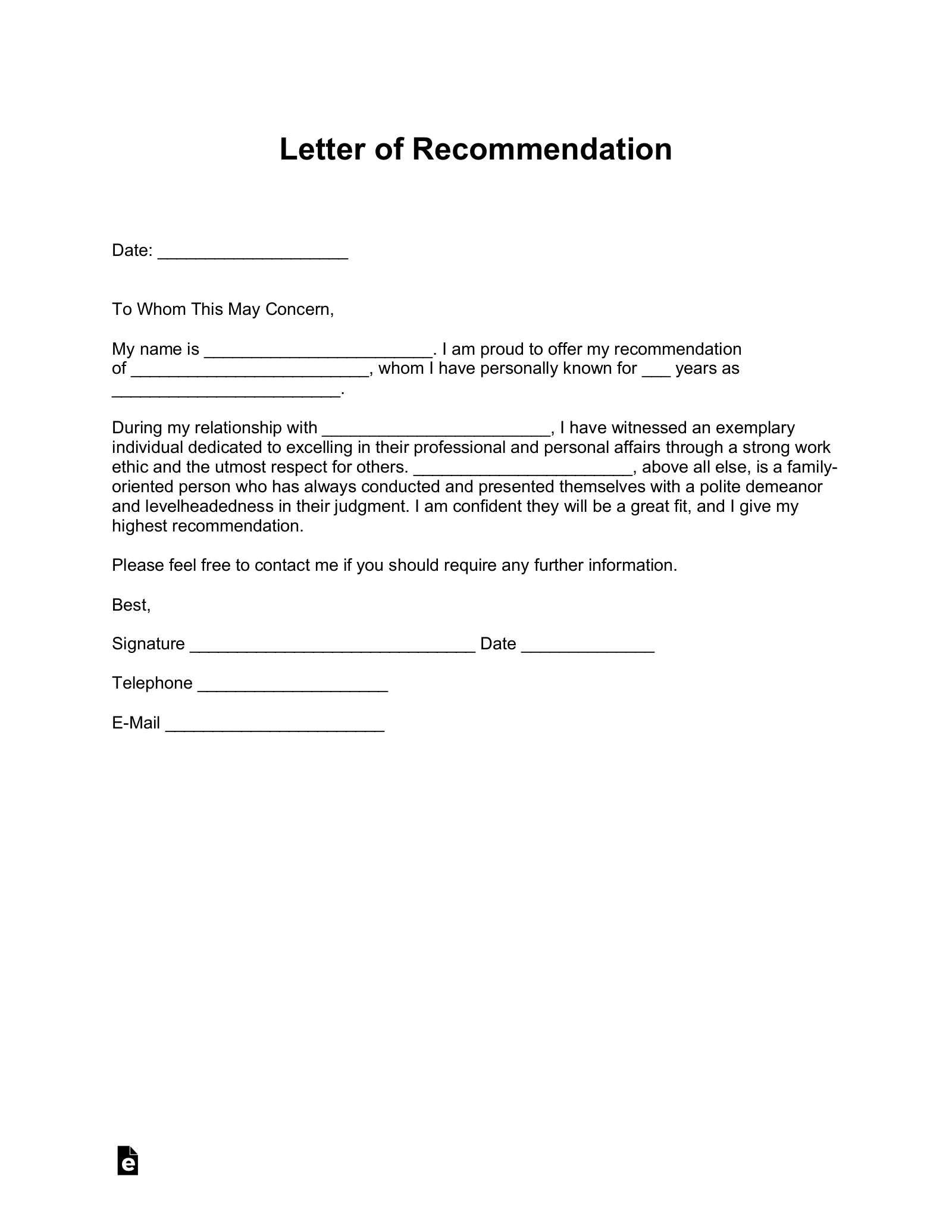 Free Letter Of Recommendation Templates (19) - Pdf | Word – Eforms inside Printable Letter of Recommendation Template