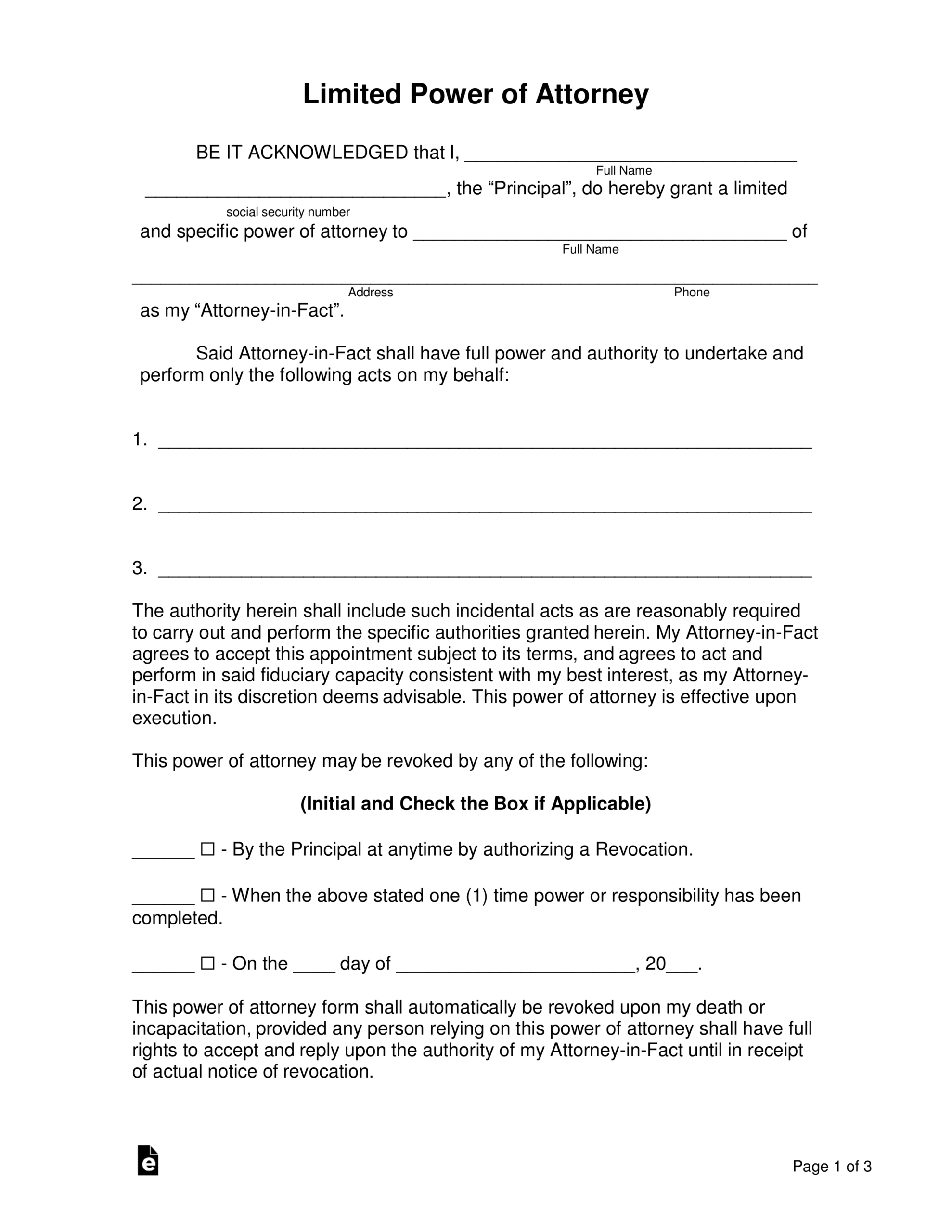 Free Limited (Special) Power Of Attorney Form - Pdf | Word – Eforms within Pdf Printable Power Of Attorney Form