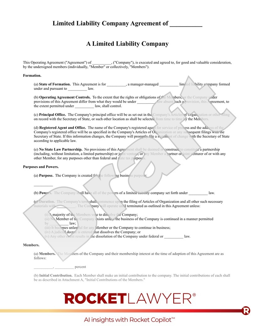 Free Llc Operating Agreement Template & Faqs - Rocket Lawyer for Printable Llc Operating Agreement Form
