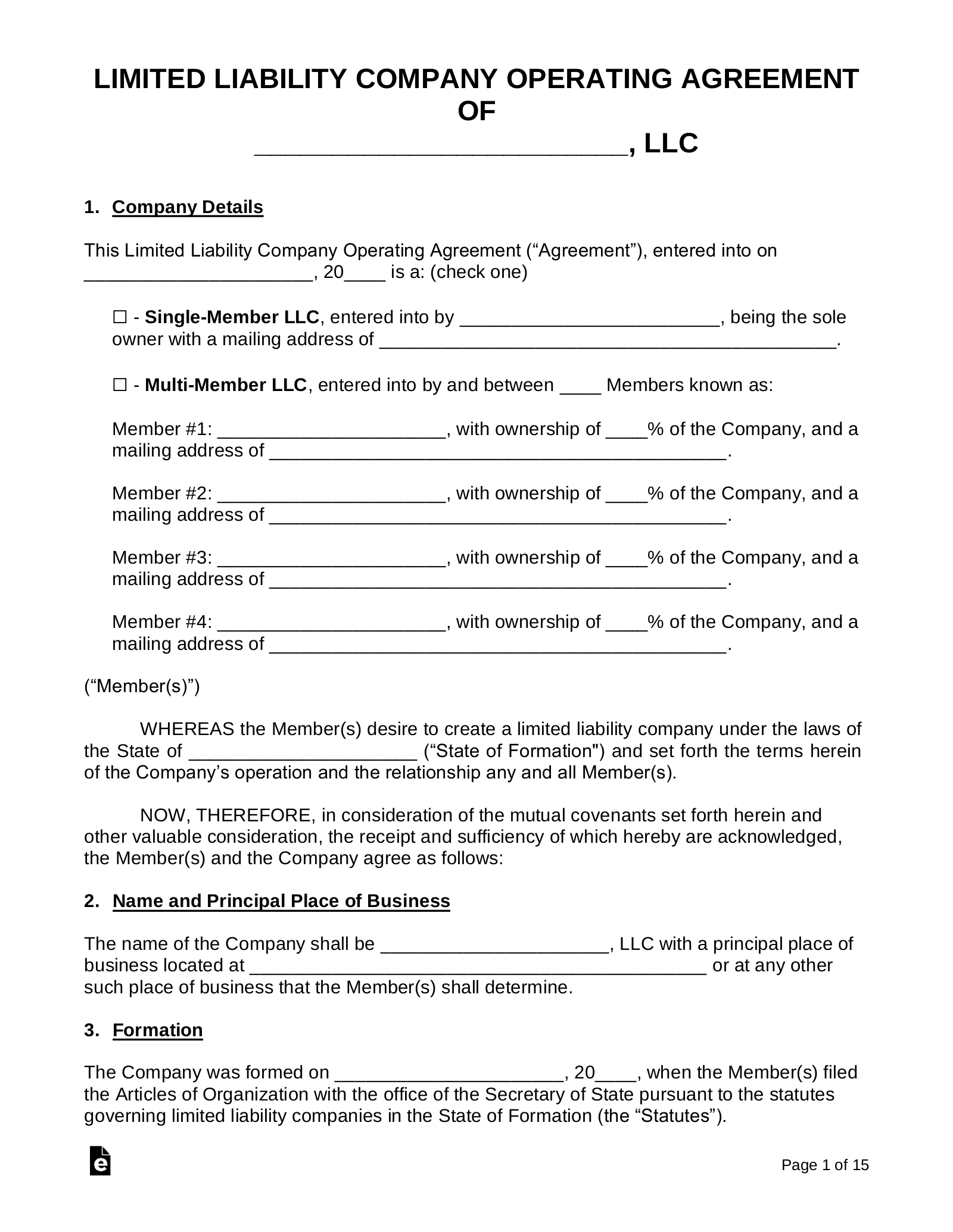 Free Llc Operating Agreement Templates (2) - Pdf | Word – Eforms throughout Printable Llc Operating Agreement Form