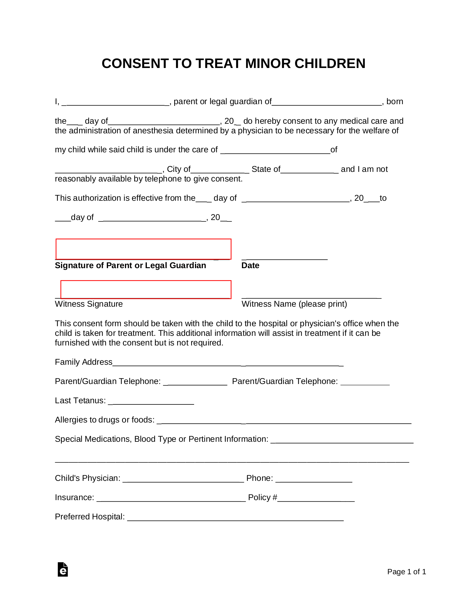 Free Minor (Child) Medical Consent Form - Pdf | Word – Eforms throughout Medical Consent Form Free Printable