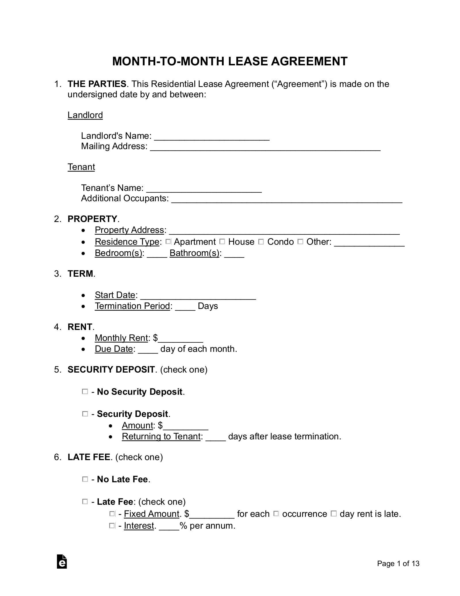 Free Month-To-Month Lease Agreement Template - Pdf | Word – Eforms throughout Pdf Downloadable Free Printable Lease Agreement
