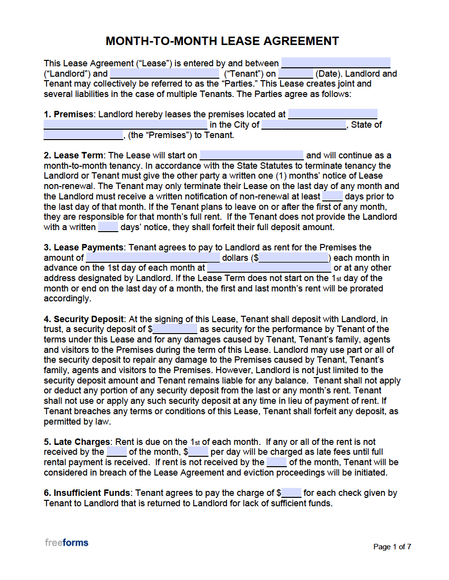 Free Month-To-Month Lease Agreement Templates | Pdf | Word pertaining to Free Printable Monthly Rental Agreement