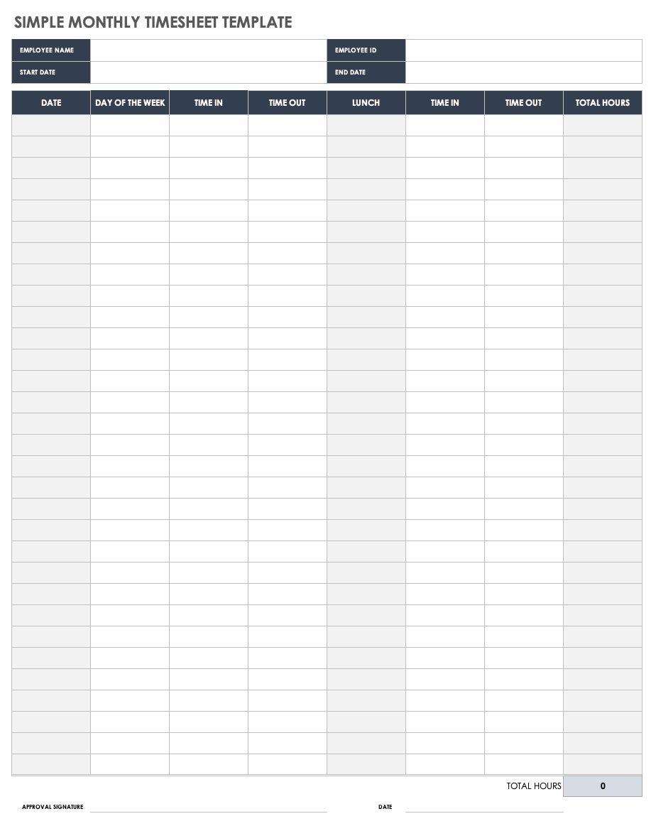 Free Monthly Timesheet & Time Card Templates | Smartsheet in Employee Time Sheets Free Printable