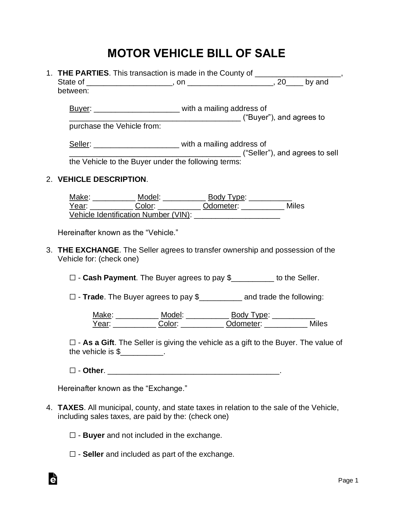 Free Motor Vehicle (Dmv) Bill Of Sale Form - Pdf | Word – Eforms with Free Printable Motor Vehicle Bill Of Sale