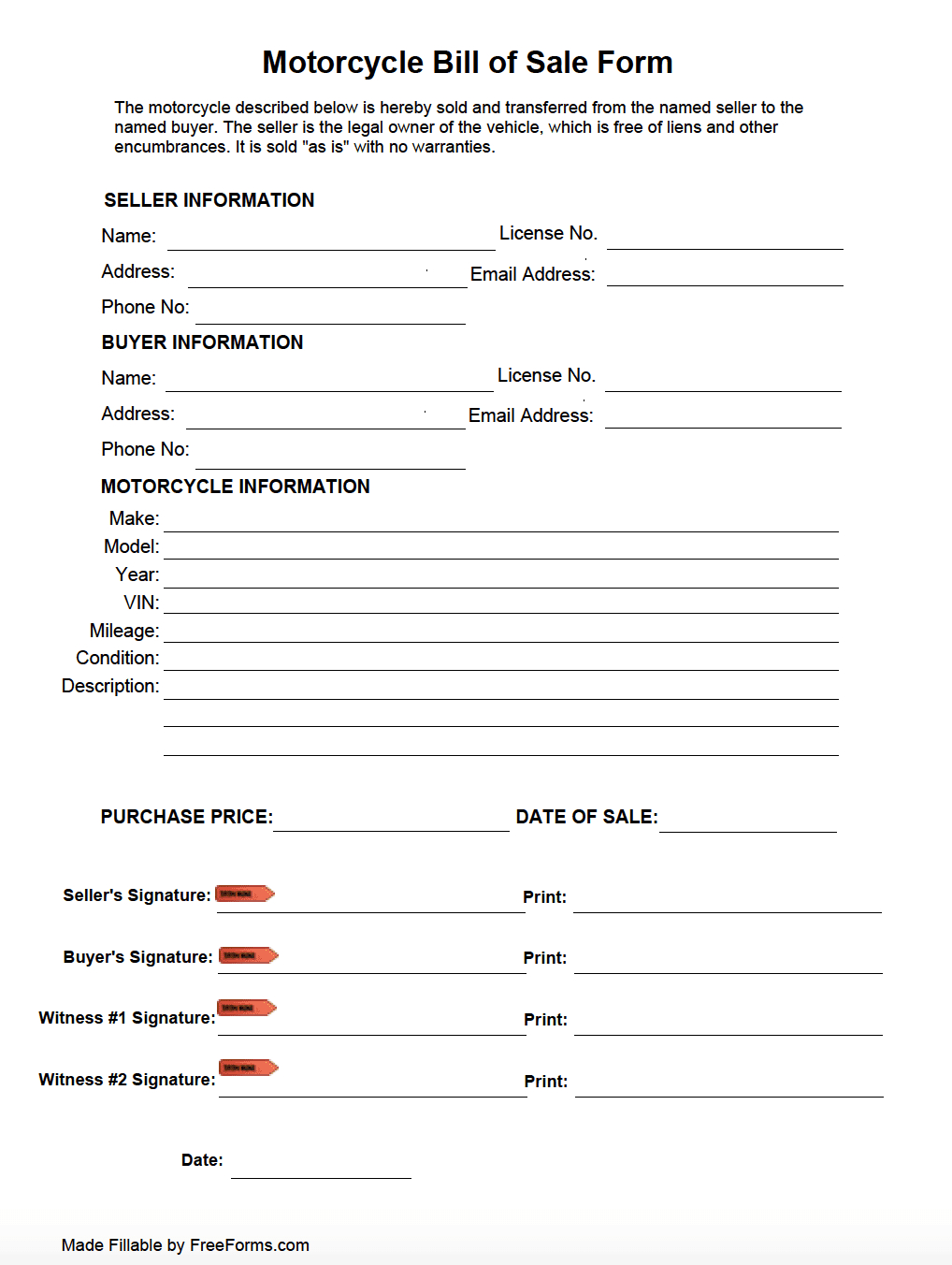 Free Motorcycle Bill Of Sale Form | Pdf for Printable Bill of Sale For a Motorcycle