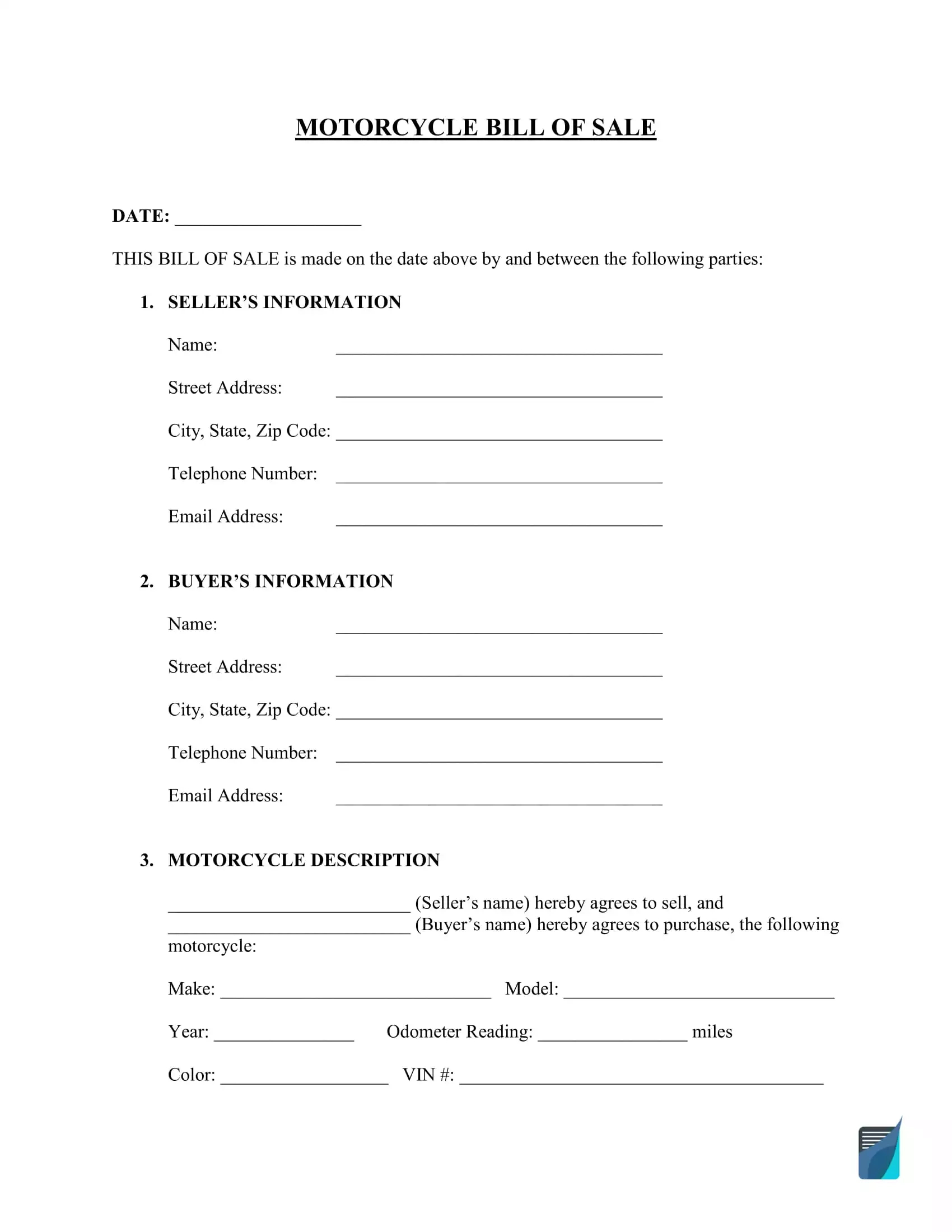 Free Motorcycle Bill Of Sale Form (Pdf Template) | Formspal within Printable Bill of Sale For a Motorcycle