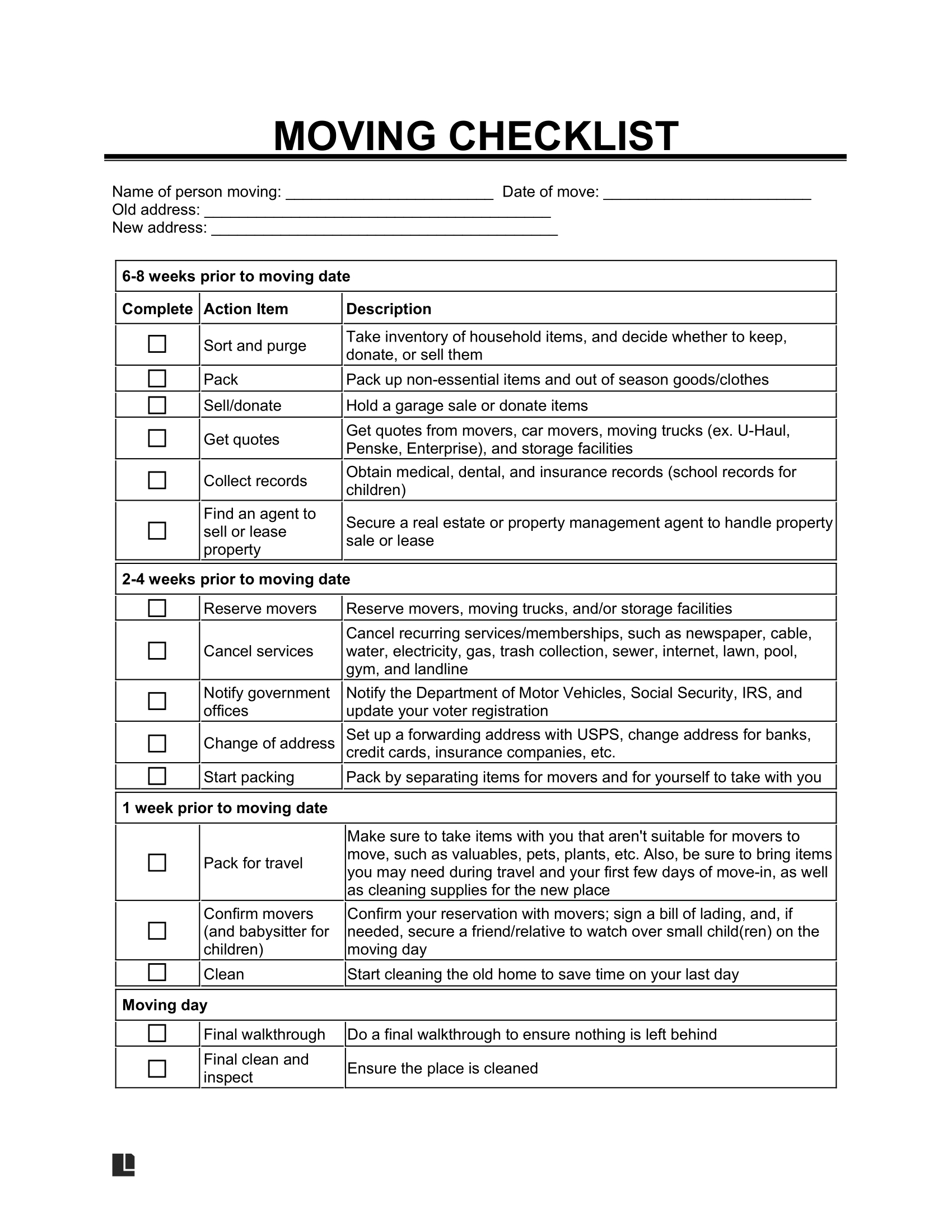 Free Moving Checklist Template | Printable | Pdf &amp; Word for Printable Moving To Do List