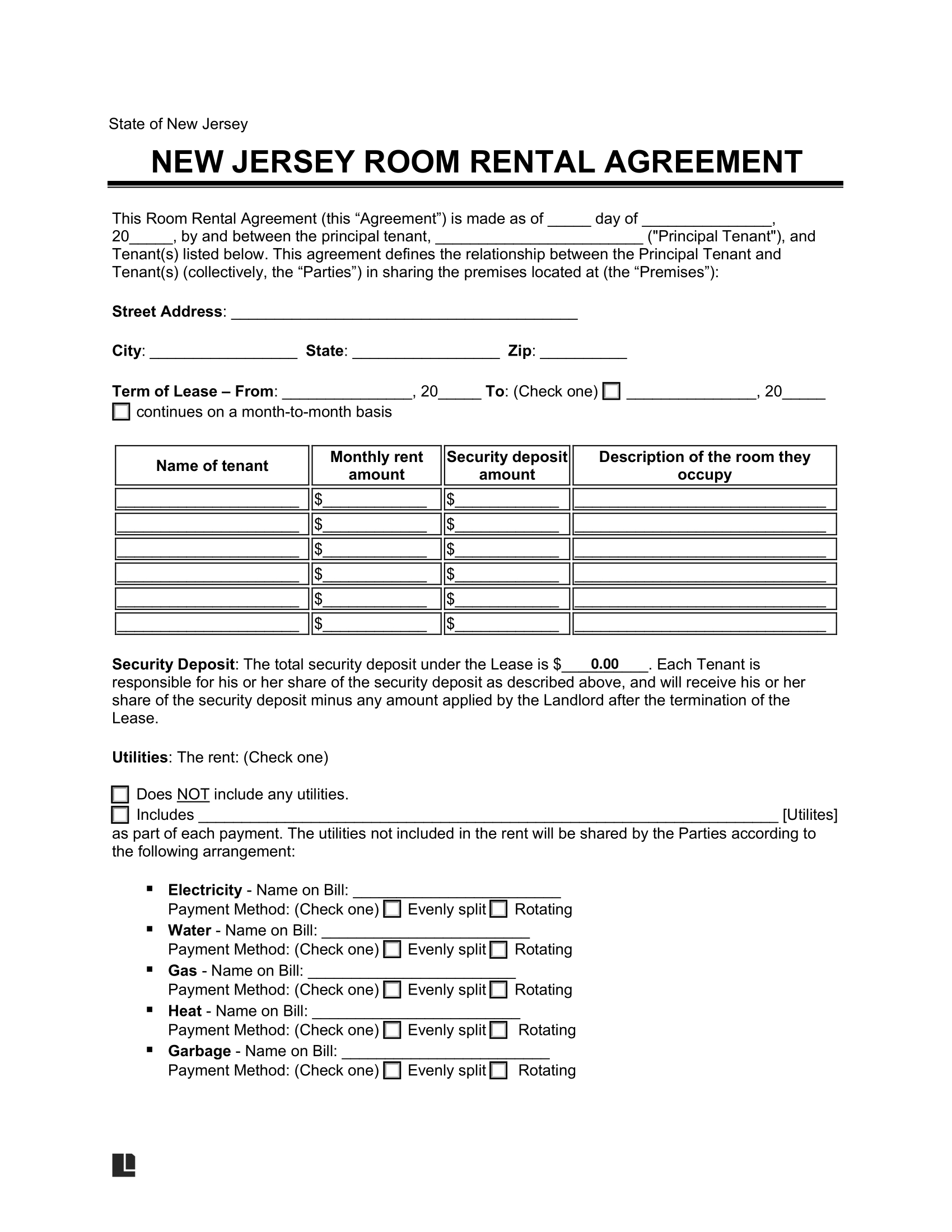 Free New Jersey Room Rental Agreement Template | Pdf &amp; Word inside Free Printable Room Lease Agreement