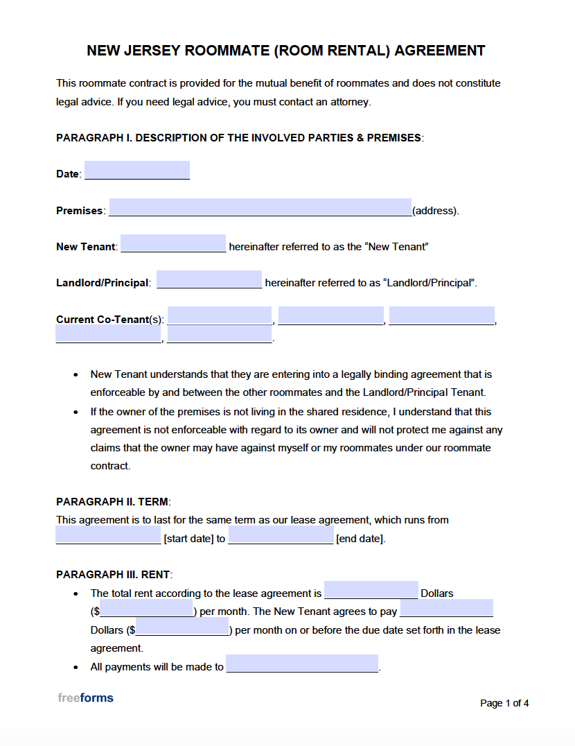 Free New Jersey Roommate (Room Rental) Agreement Template | Pdf | Word intended for Free Printable Room Lease Agreement