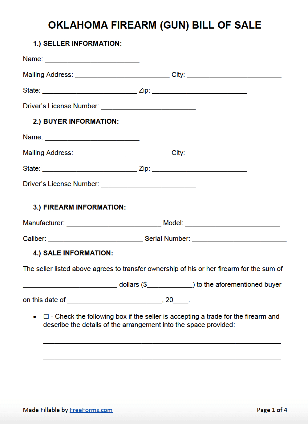 Free Oklahoma Firearm (Gun) Bill Of Sale Form | Pdf | Word inside Firearm Bill of Sale Free Printable