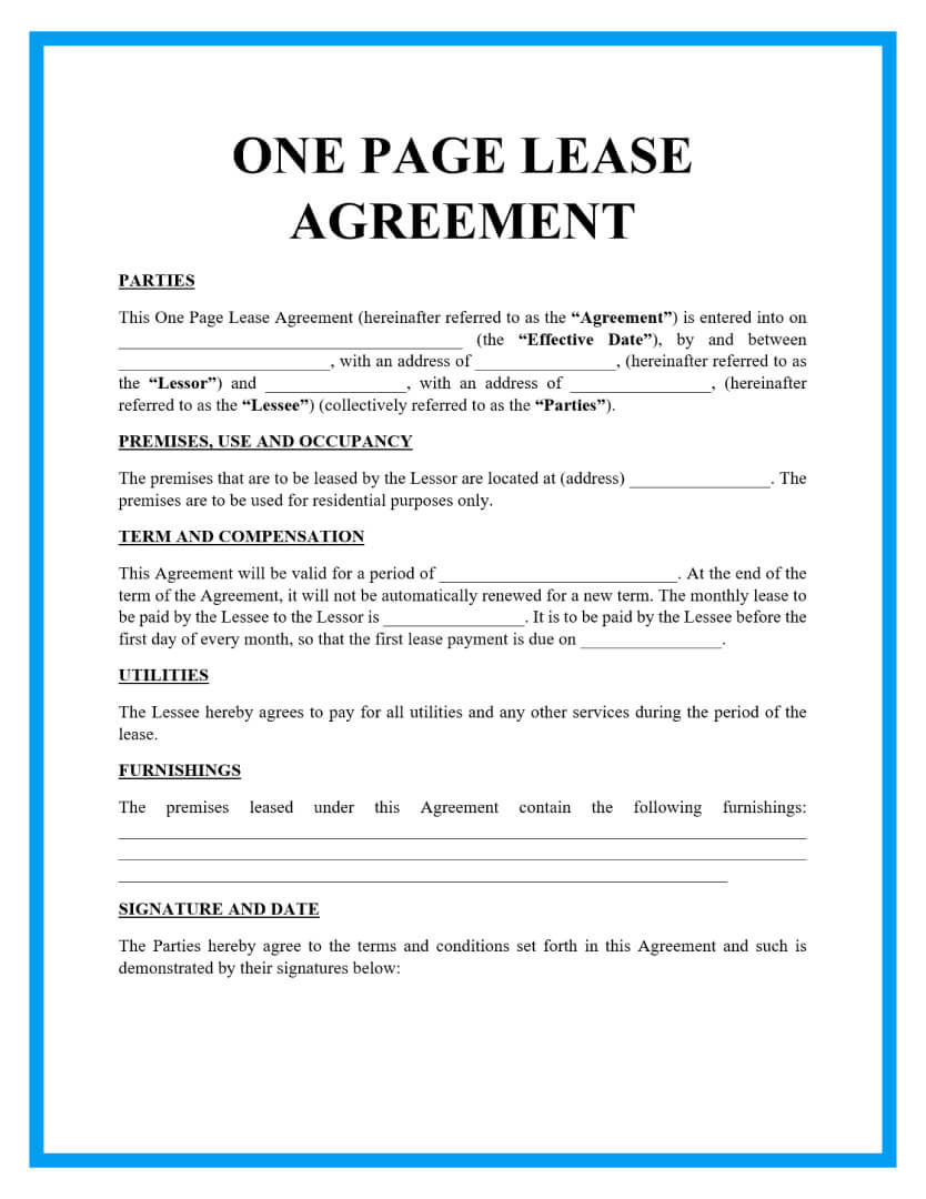 Free One Page Lease Agreement Templates for Simple Lease Agreement Template Free Printable