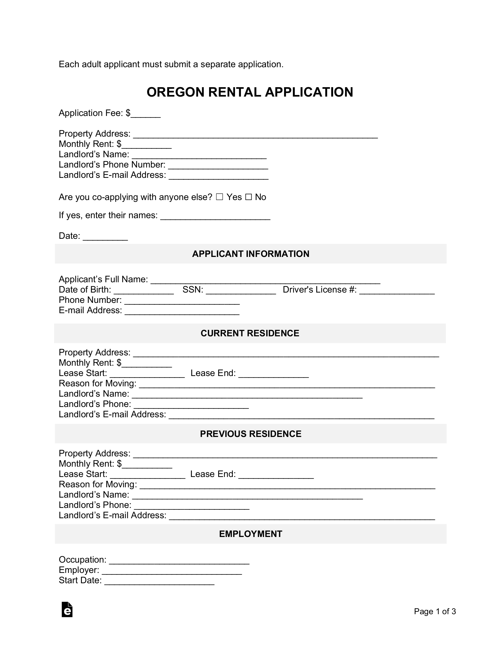Free Oregon Rental Application Template - Pdf | Word – Eforms regarding Free Printable Rental Application Forms