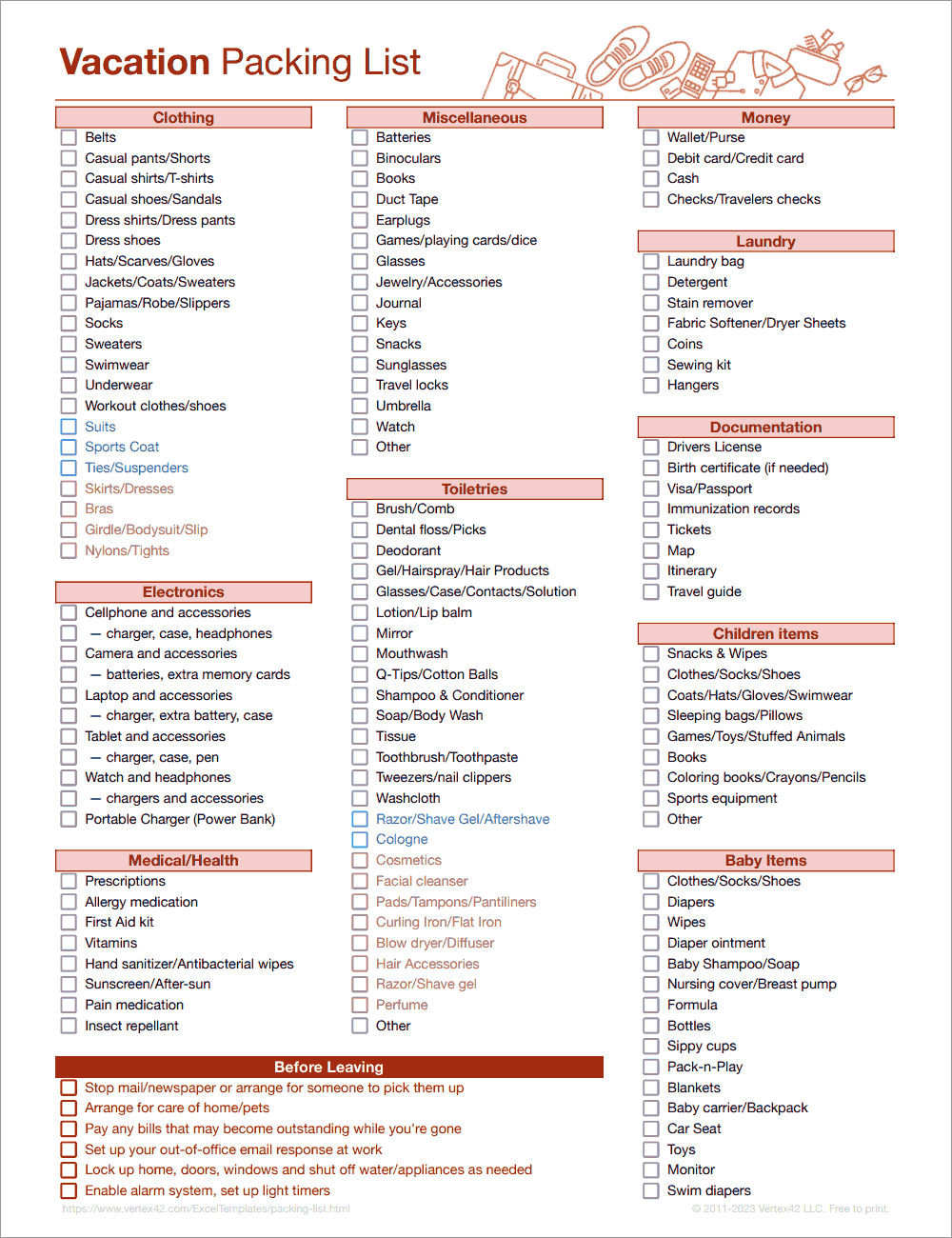 Free Packing List Template For Vacation, Travel Or College for Packing List For Vacation Printable