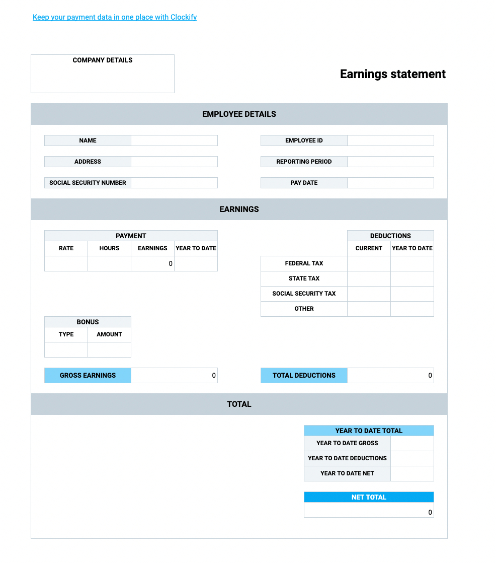 Free Pay Stub Templates — Clockify in Free Printable Paycheck Stub Template