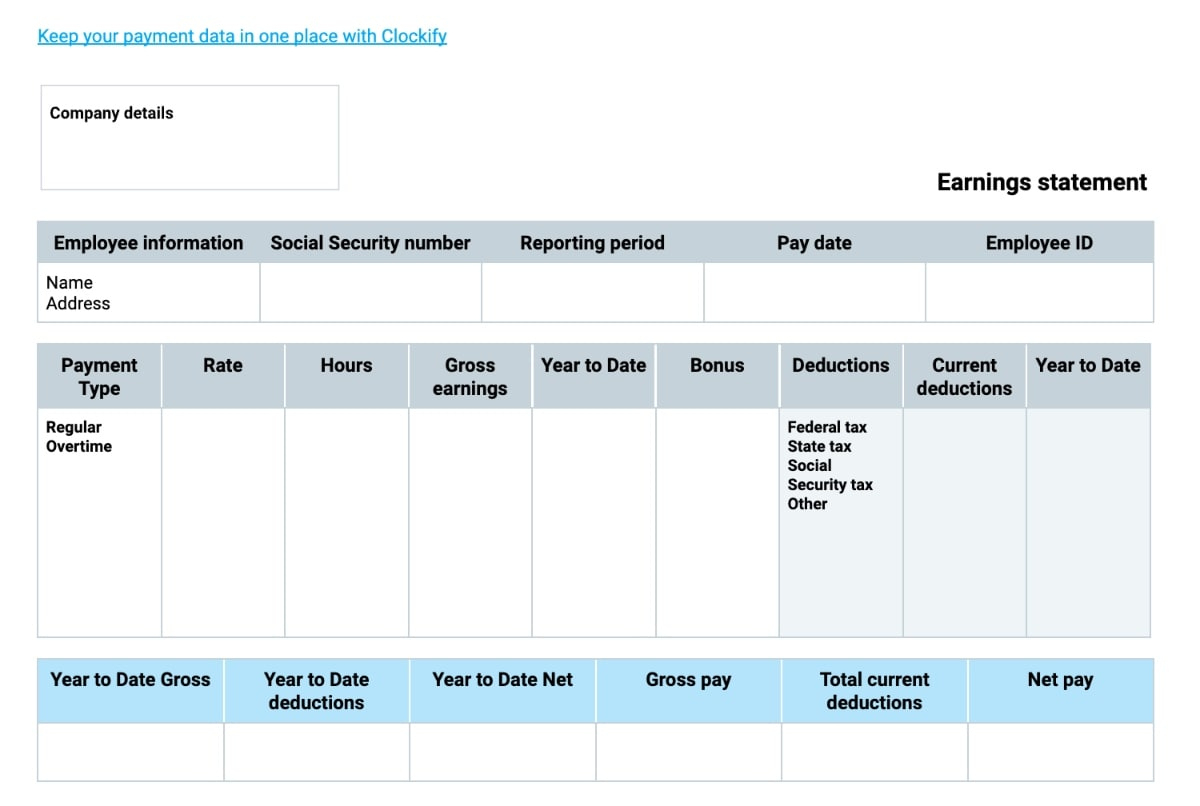 Free Pay Stub Templates — Clockify pertaining to Printable Pay Stub Template Free