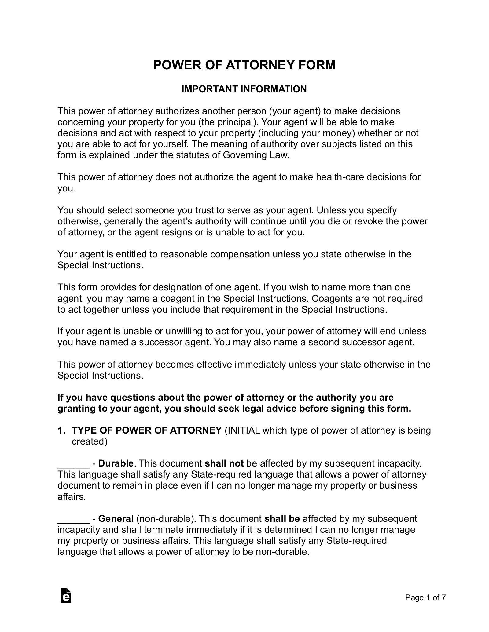 Free Power Of Attorney Forms (12 Types) - Pdf | Word – Eforms intended for Printable Wills And Power Of Attorney Forms