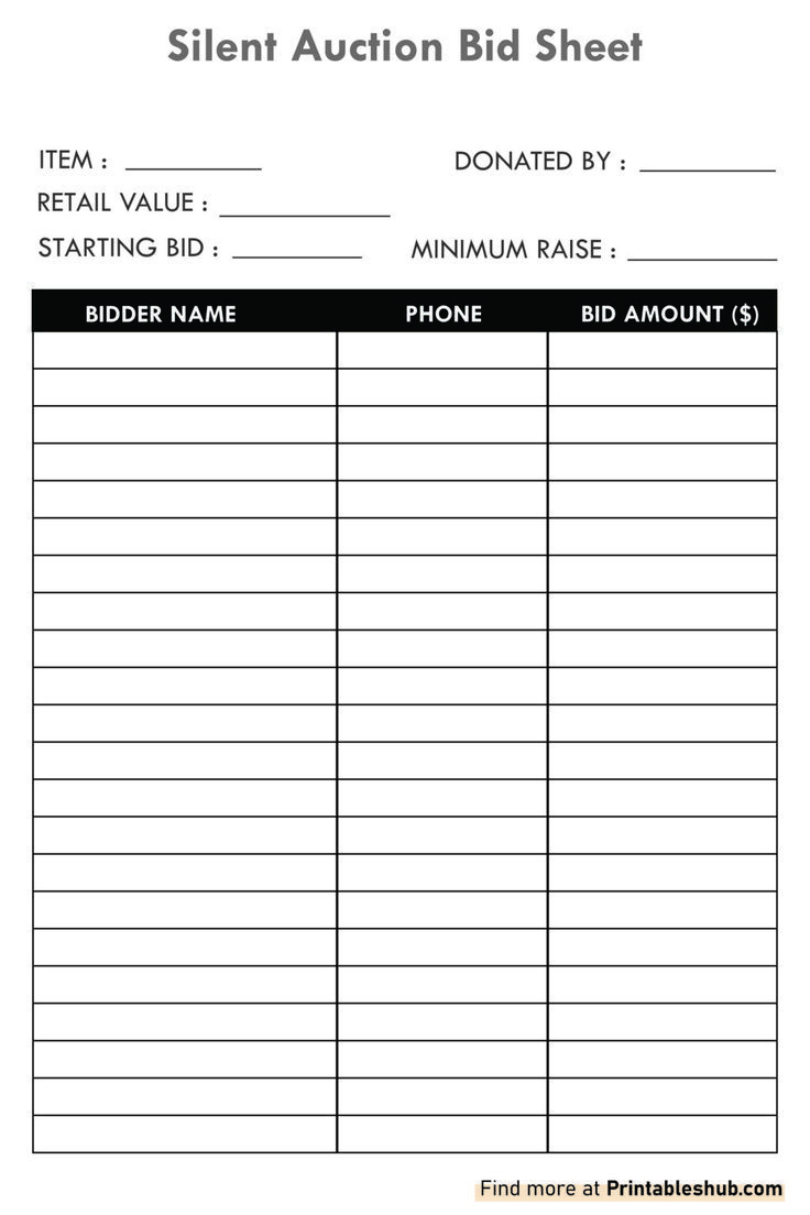 Free Printable Blank Silent Auction Bid Sheet Template Pdf throughout Silent Auction Bid Sheet Printable Free Download