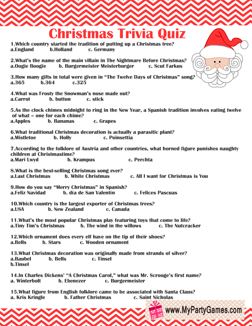 Free Printable Christmas Trivia Quiz with December Trivia Questions and Answers Printable