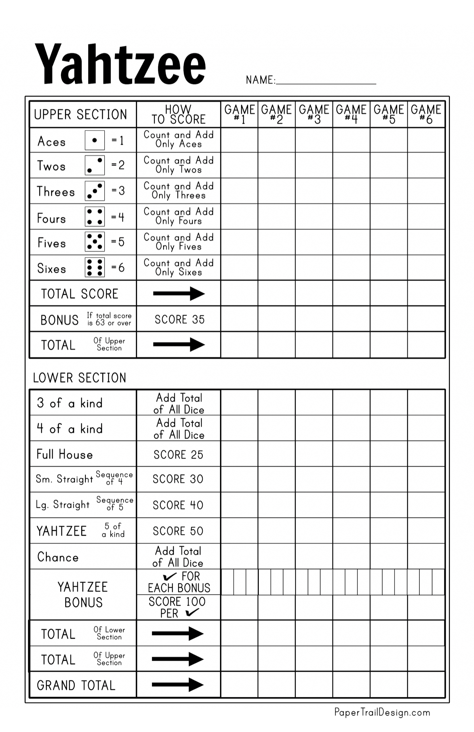 Free Printable Yahtzee Score Card - Paper Trail Design within Yahtzee Score Sheet Printable Free
