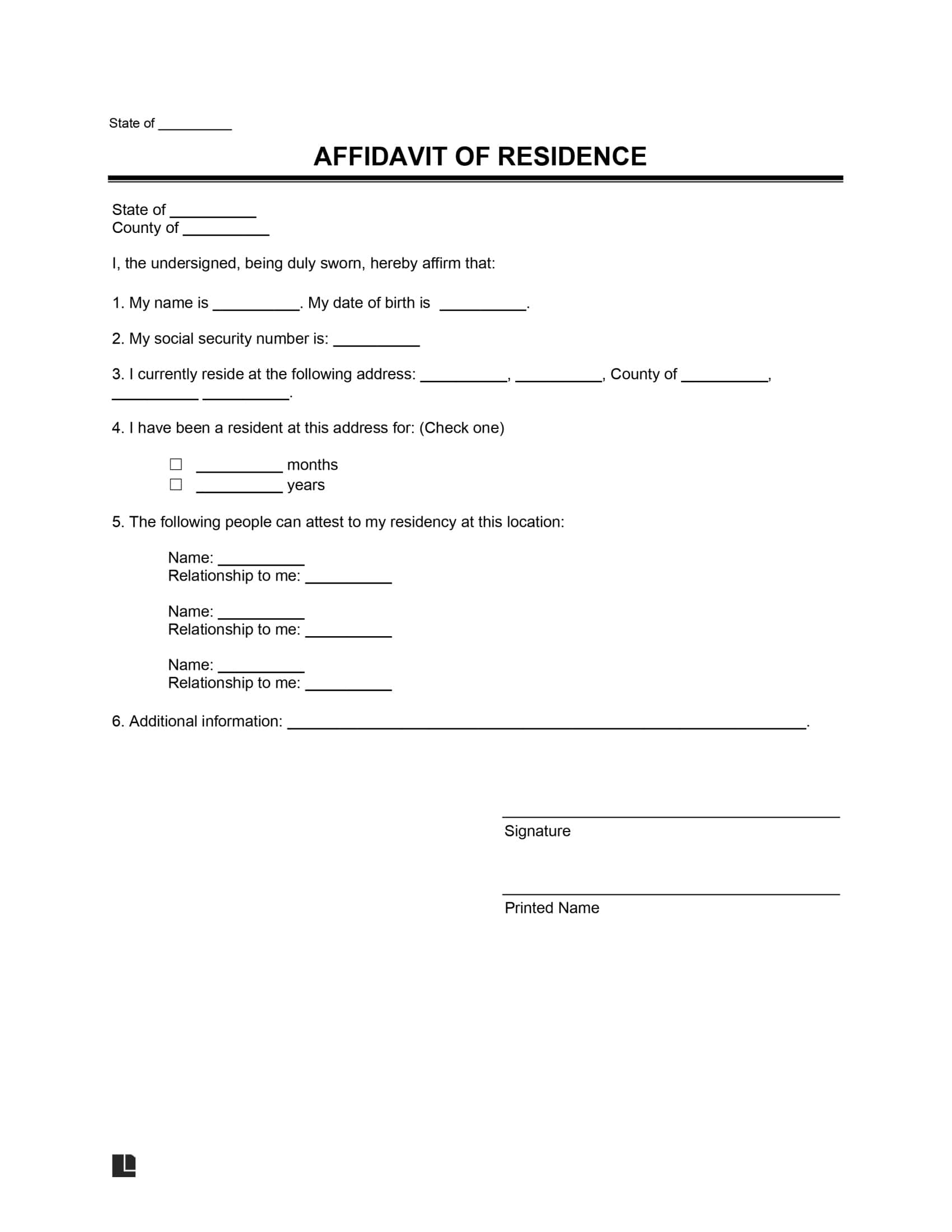 Free Proof Of Residency Letter (Affidavit Of Residence) with regard to Printable Proof of Residency Letter