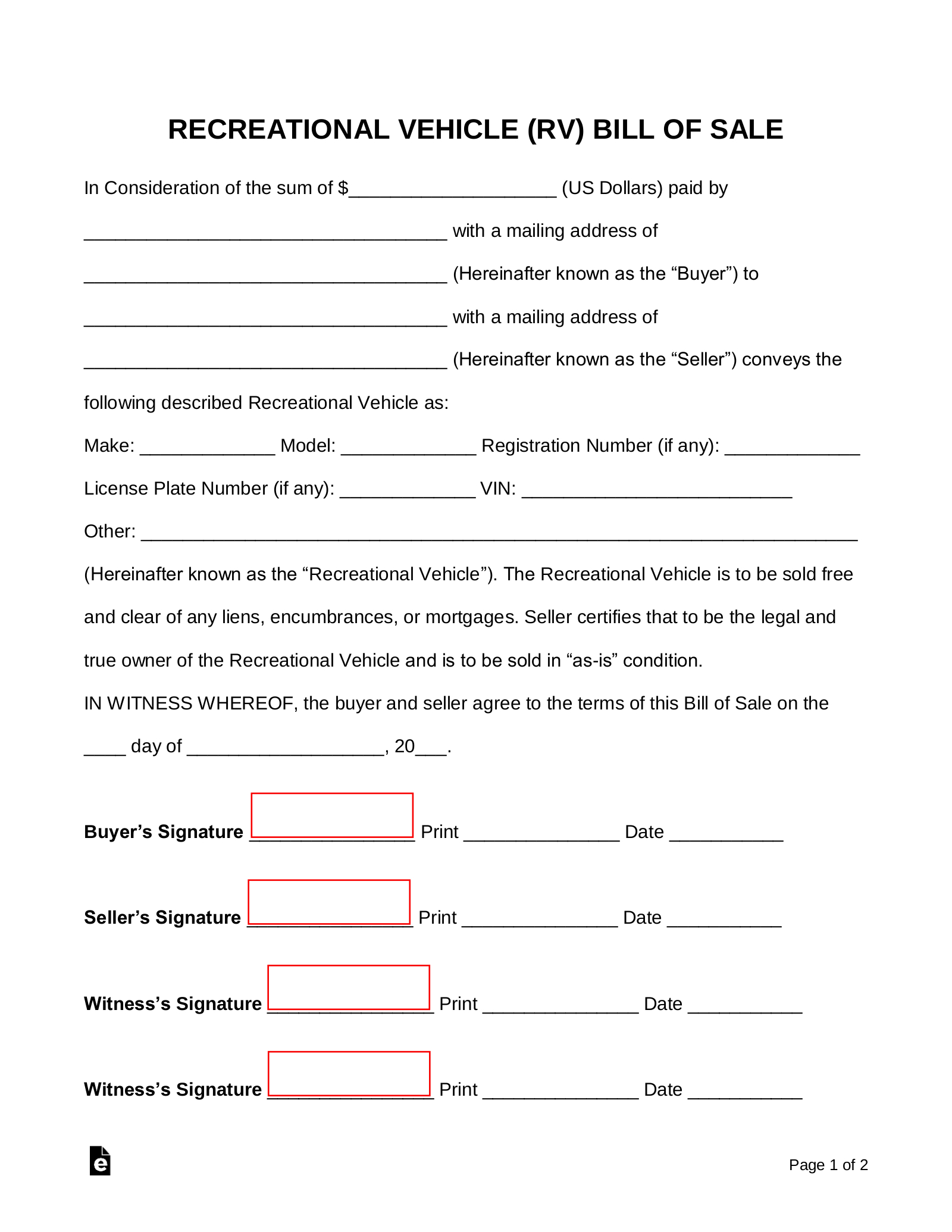 Free Recreational Vehicle (Rv) Bill Of Sale Form - Pdf | Word – Eforms throughout Printable Bill Of Sale Camper