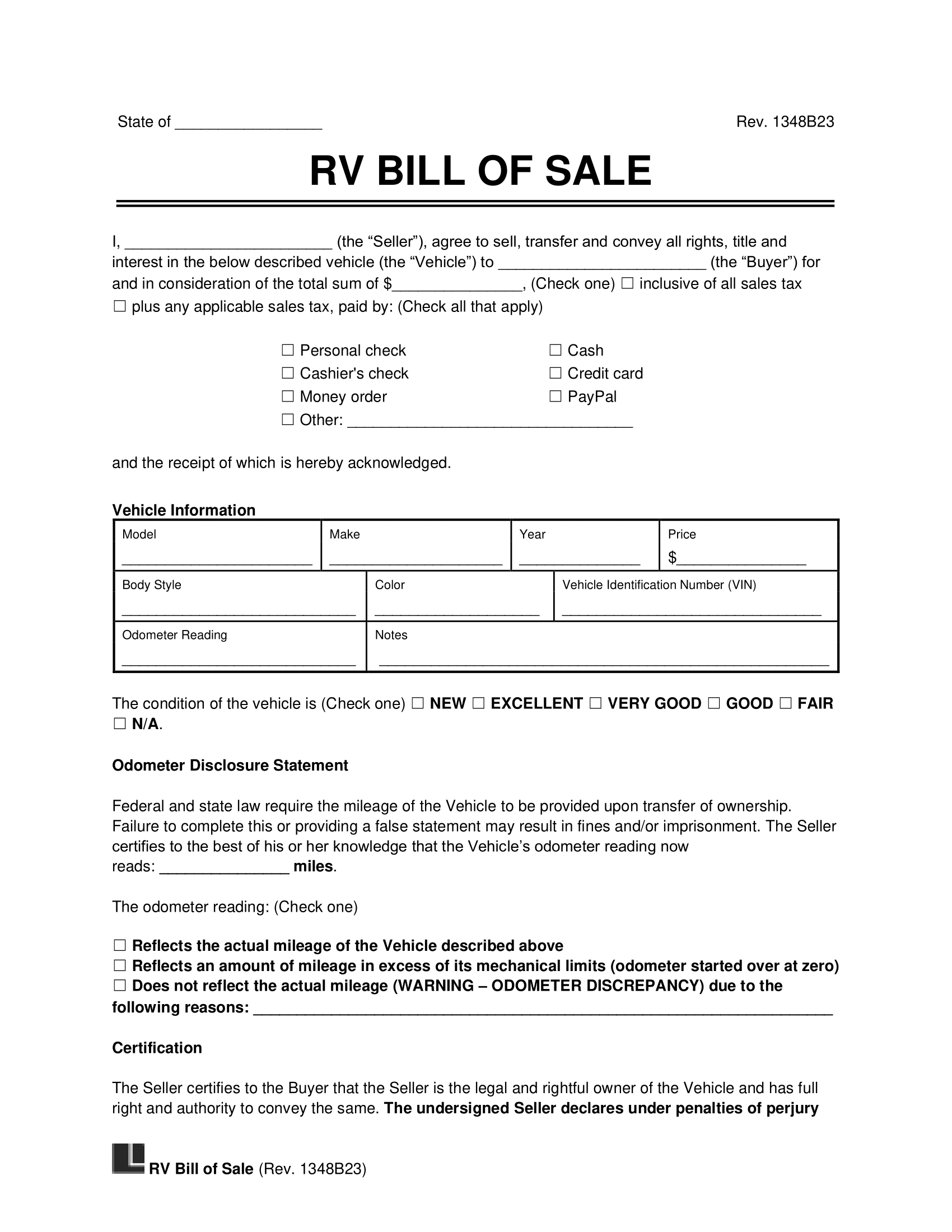 Free Recreational Vehicle (Rv) Bill Of Sale Template | Pdf & Word throughout Printable Bill of Sale Camper