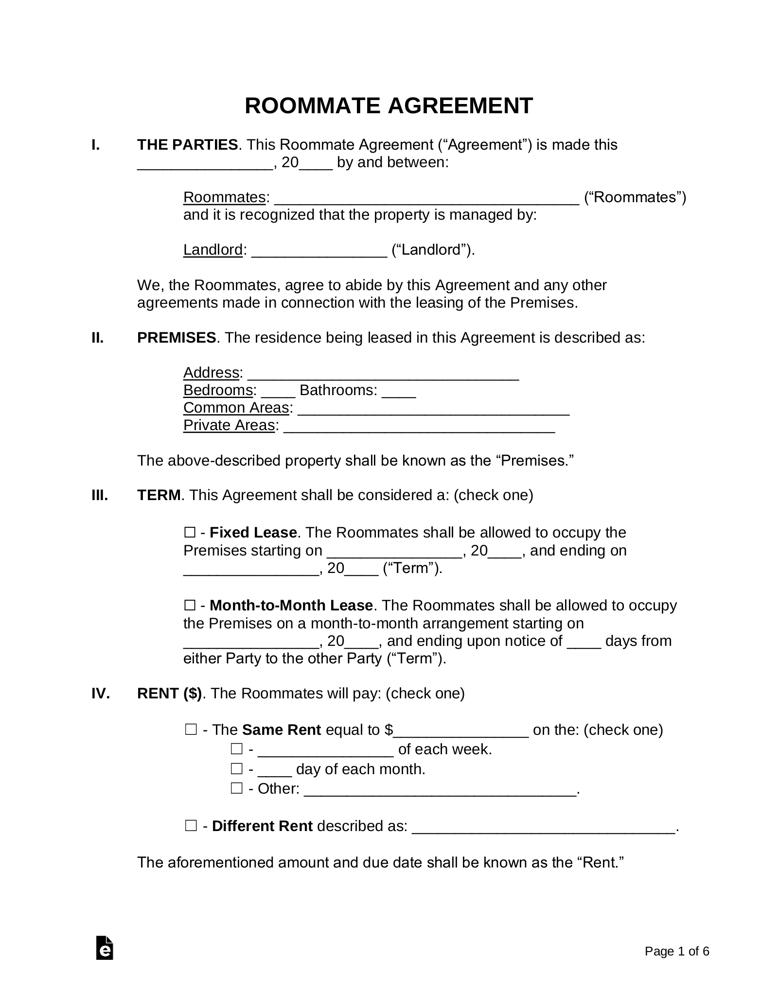 Free Roommate (Room Rental) Agreement Template - Pdf | Word – Eforms within Free Printable Room Lease Agreement