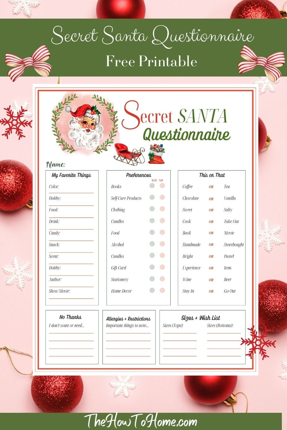 Free Secret Santa Questionnaire Printable: Instant Download - The regarding Free Printable Secret Santa Form Printable