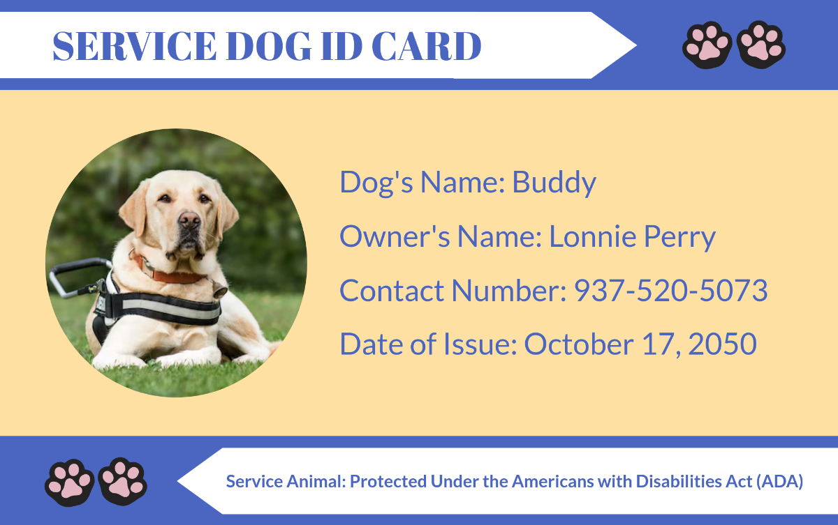 Free Service Dog Id Card Templates, Editable And Printable with Printable Ada Service Dog Card