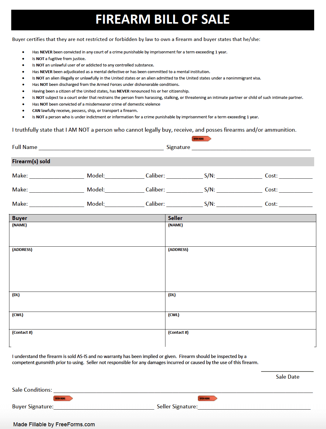 Free Texas Firearm (Gun) Bill Of Sale Form | Pdf with regard to Firearm Bill Of Sale Free Printable