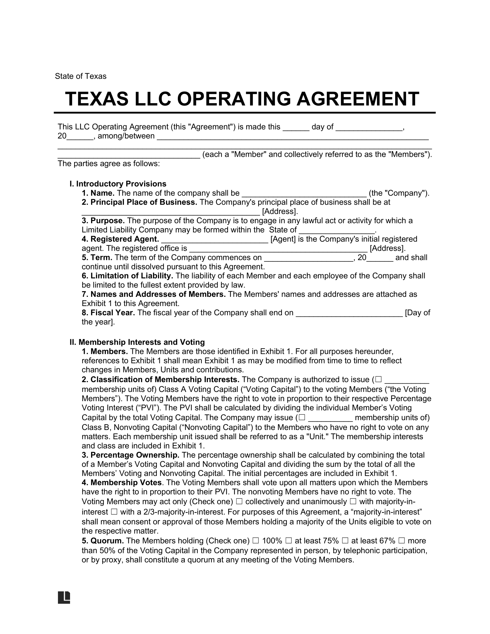 Free Texas Llc Operating Agreement Template | Pdf & Word pertaining to Printable Llc Operating Agreement Form