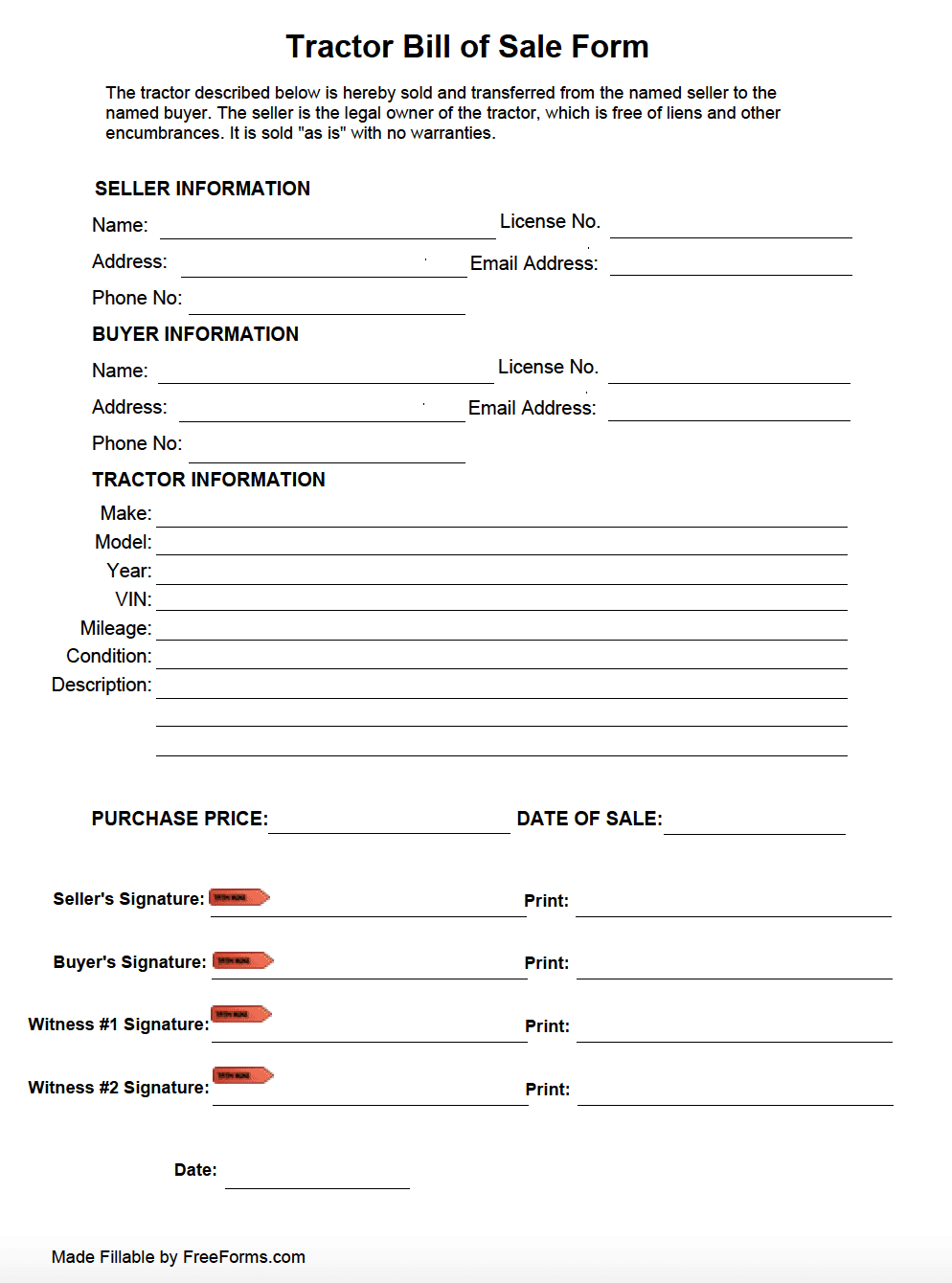 Free Tractor Bill Of Sale Form | Pdf with Free Printable Bill Of Sale For Tractor