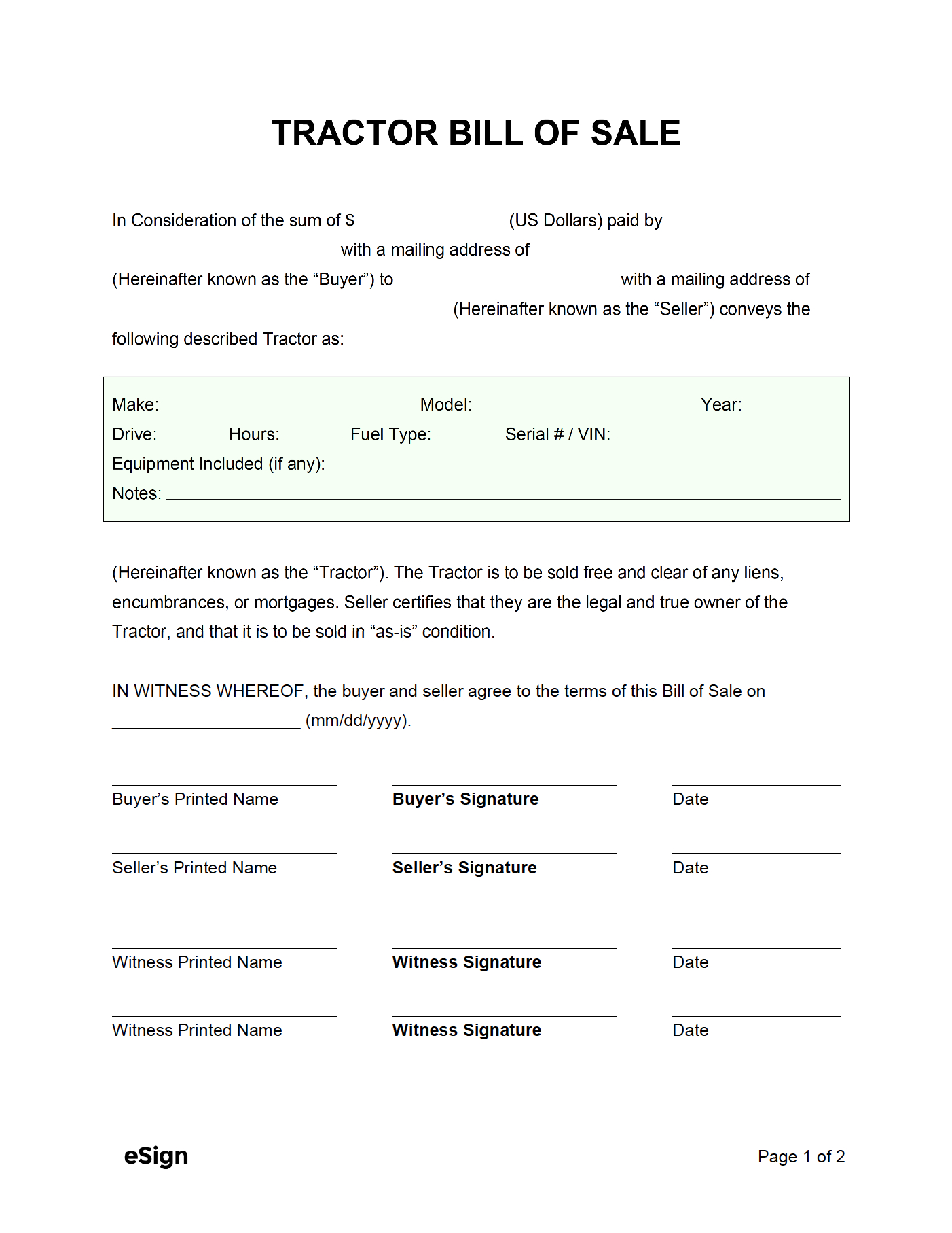 Free Tractor Bill Of Sale Form | Pdf | Word throughout Free Printable Bill of Sale For Tractor